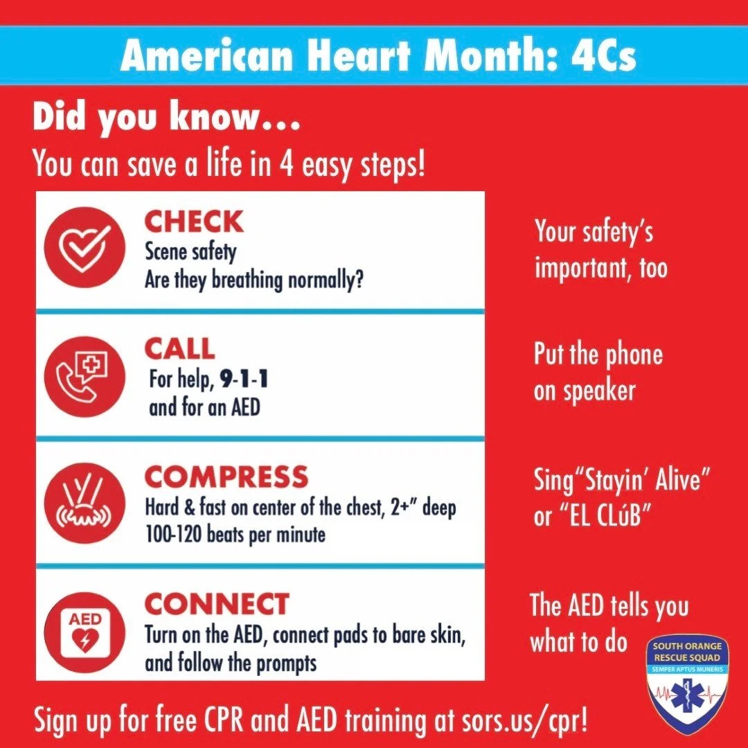 &hearts;️ you can help someone by following the 4 C&rsquo;s. Learn more about doing CPR and using an AED in our how-to article (South Orange Dispatch link in bio) or in one of our free trainings (sors.us/cpr). #cprsaveslives #ocnc