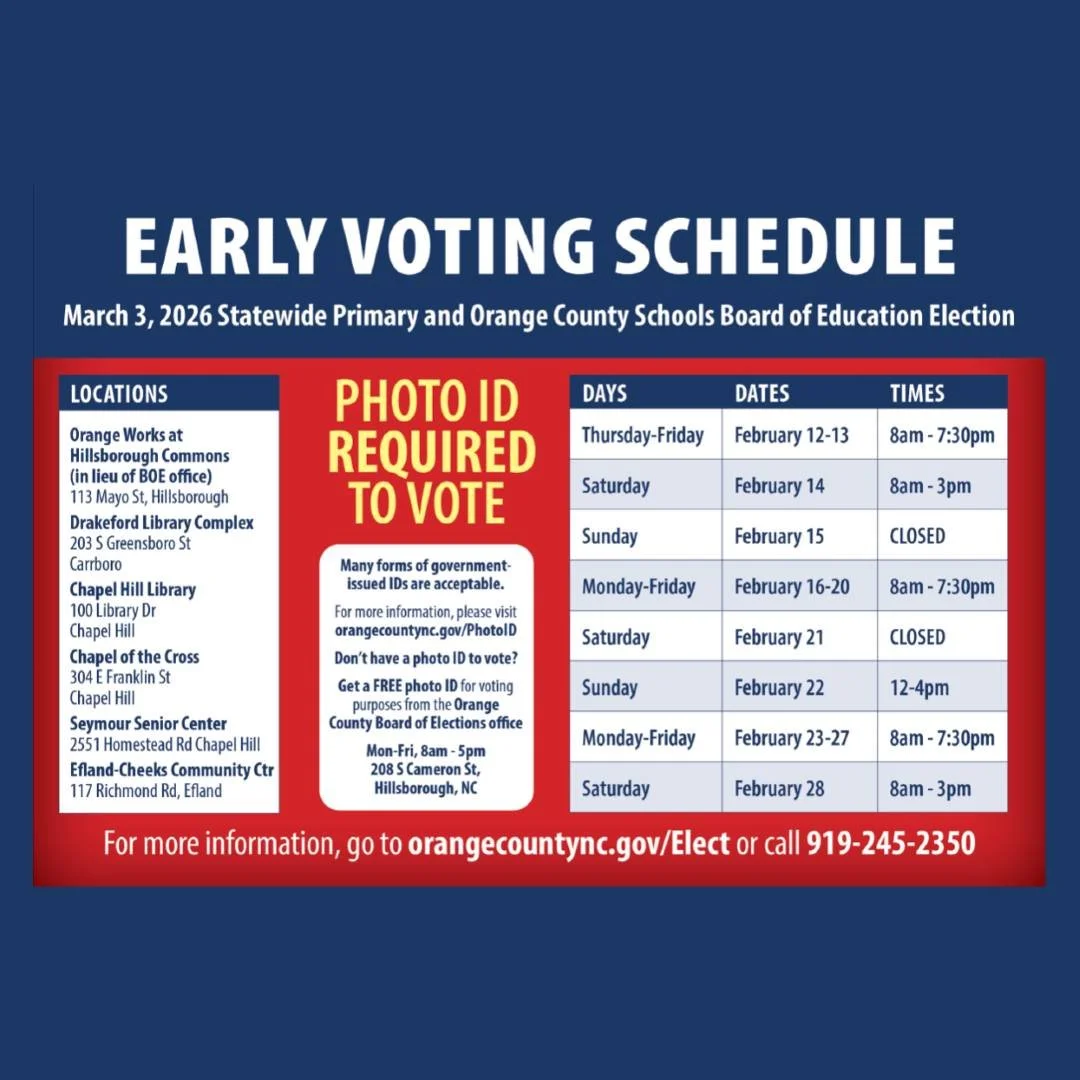 Early voting begins today at multiple locations across Orange County! Watch for pedestrians and cyclists at polling places and use curbside/drive-up voting if you have mobility concerns. Get all the details at www.orangecountync.gov/Elect. #voteearly
