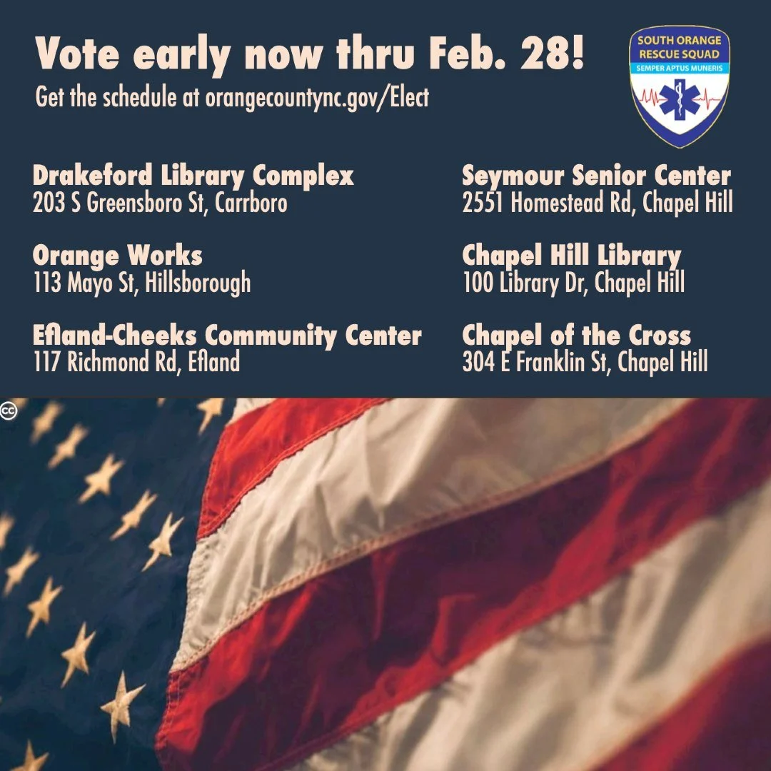 Early voting is underway! Get the details at orangecountync.gov/Elect. See you at the polls! #yourvotematters #voteearly #ocnc