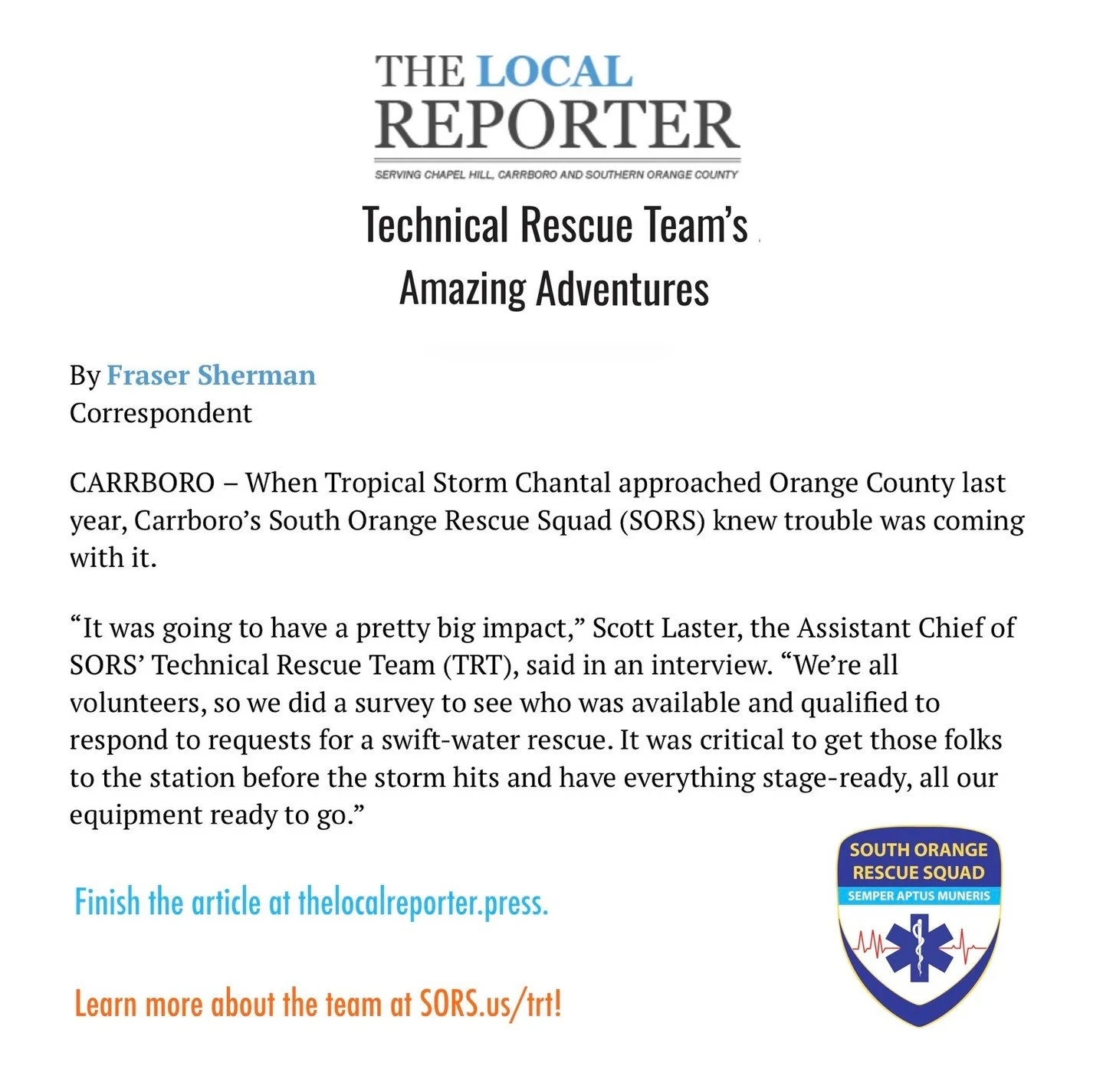 Thanks to Fraser Sherman of The Local Reporter for taking a look back at our Technical Rescue Team&rsquo;s response to Tropical Storm Chantal.🌀🚑 Support our work at SORS.us/donate. Thank you!