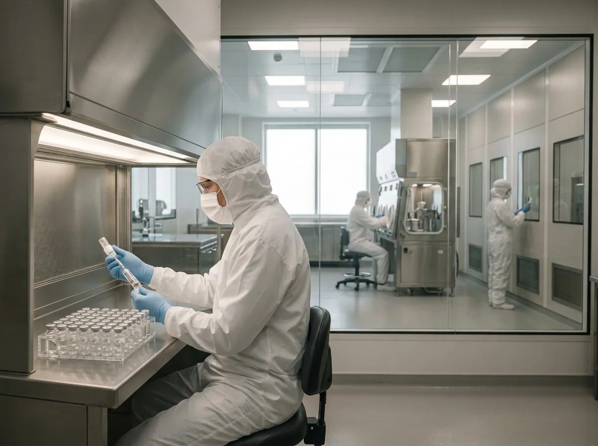 Compounding technician filling sterile vials in a 503A cleanroom.