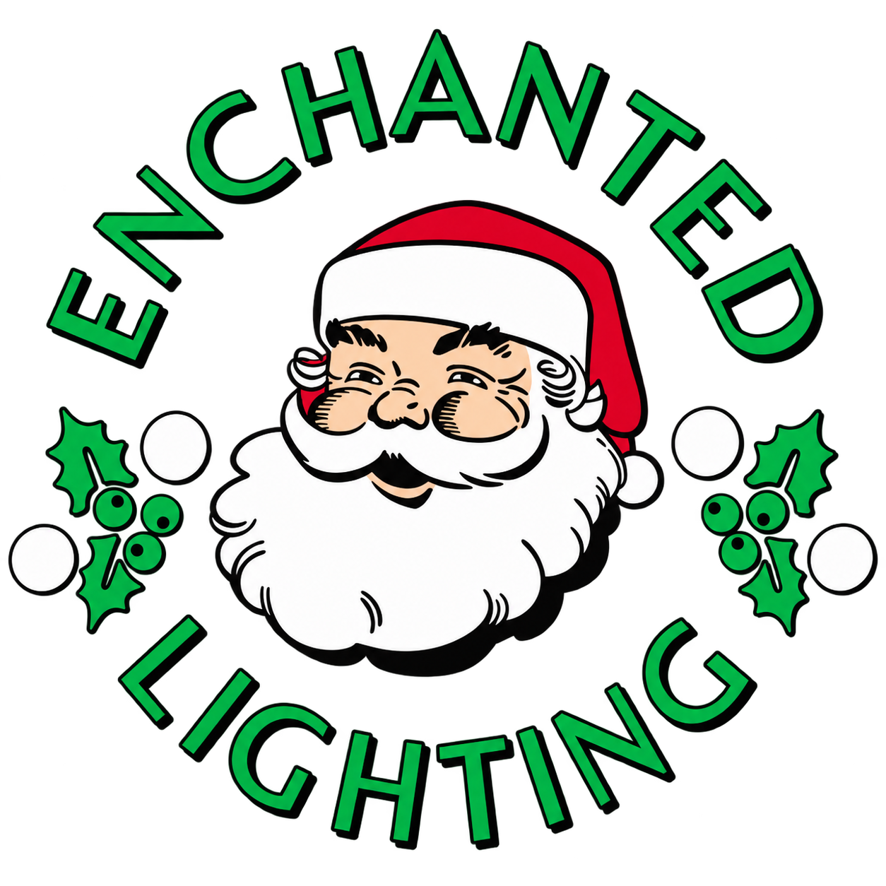 Festive Christmas illustration featuring Santa Claus with holly leaves and berries, and the words "Energanted Lighting" in green lettering.