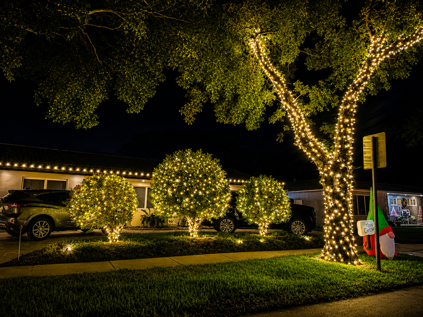 Decorative Christmas lights illuminating trees and bushes in a residential front yard at night, with a large Santa decoration and a sign that says 'Merry Christmas'.
