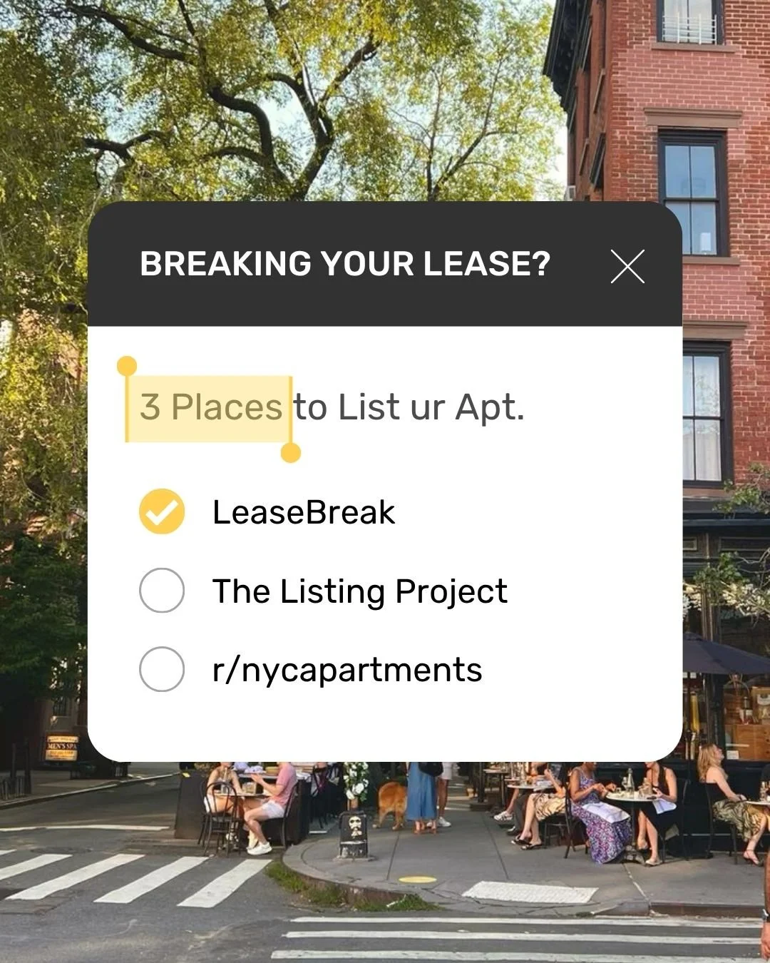 Mobile screen showing the top three places to list an apartment when breaking a lease in NYC — LeaseBreak, The Listing Project, and r/nycapartments