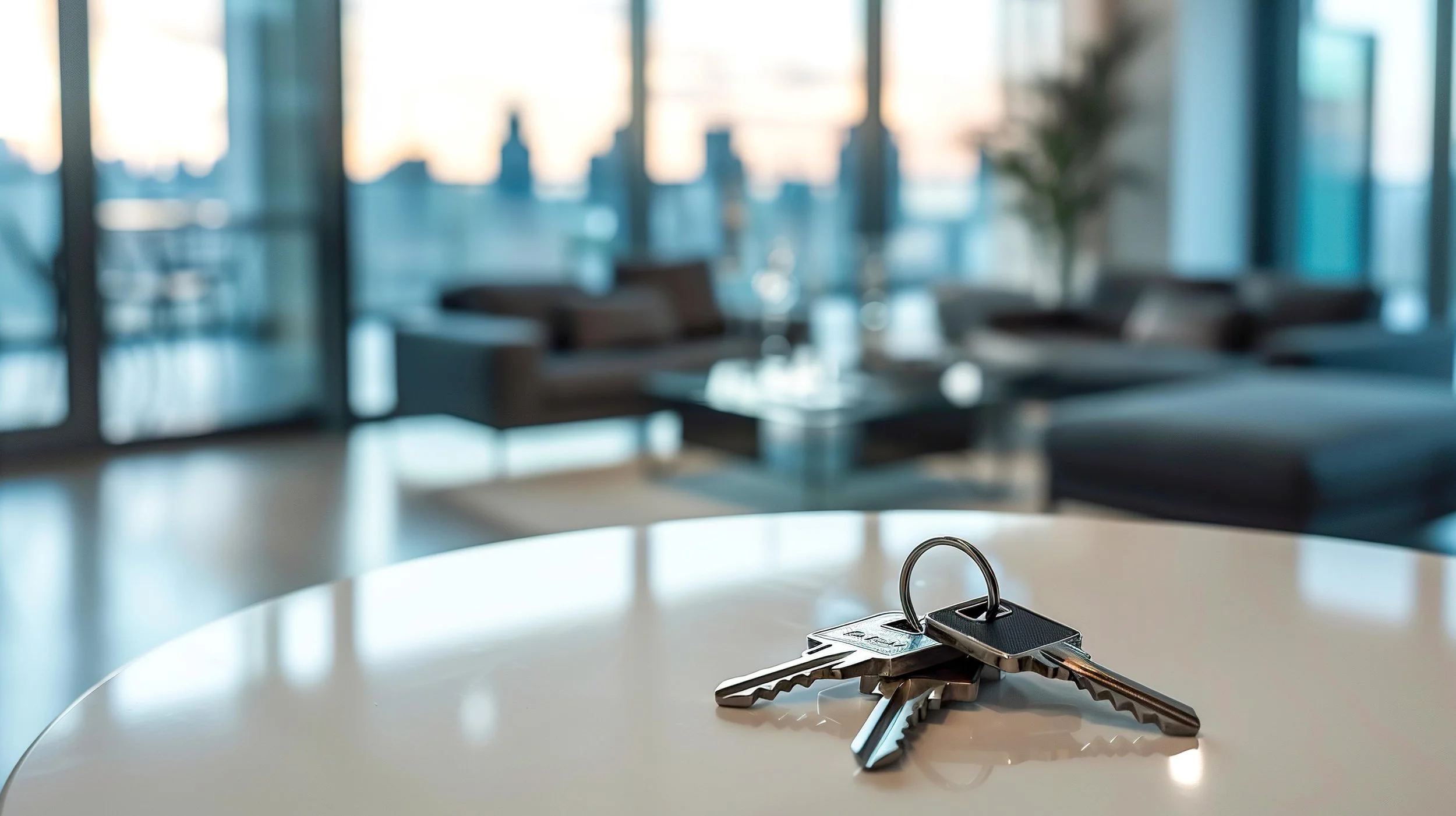 Keys sit in the foreground on a white table in a high rise apartment - what is a land lease - blog by Kristen Shaker. Learn more at www.shaker.nyc