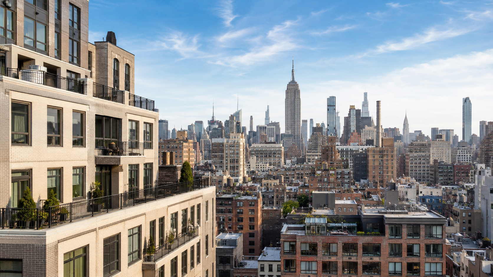 Manhattan apartment buildings and NYC skyline in soft daylight - what is a land lease - Blog by Kristen Shaker. Learn more at www.shaker.nyc