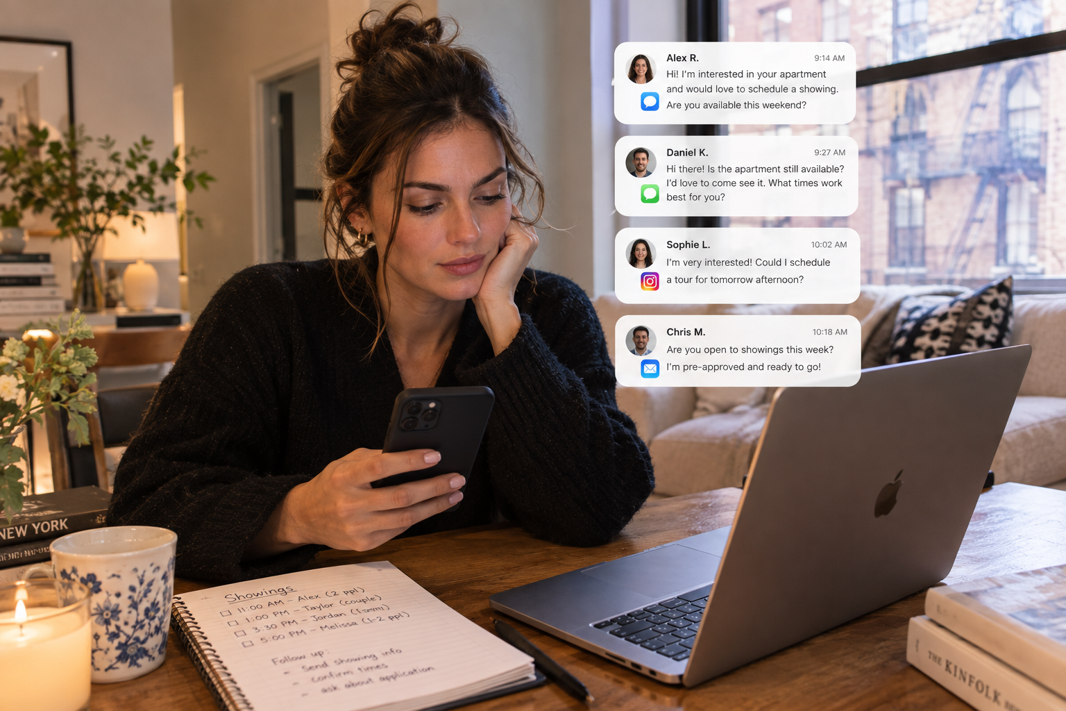 Renter reviewing text, DM, and email inquiries from prospective tenants interested in touring her apartment