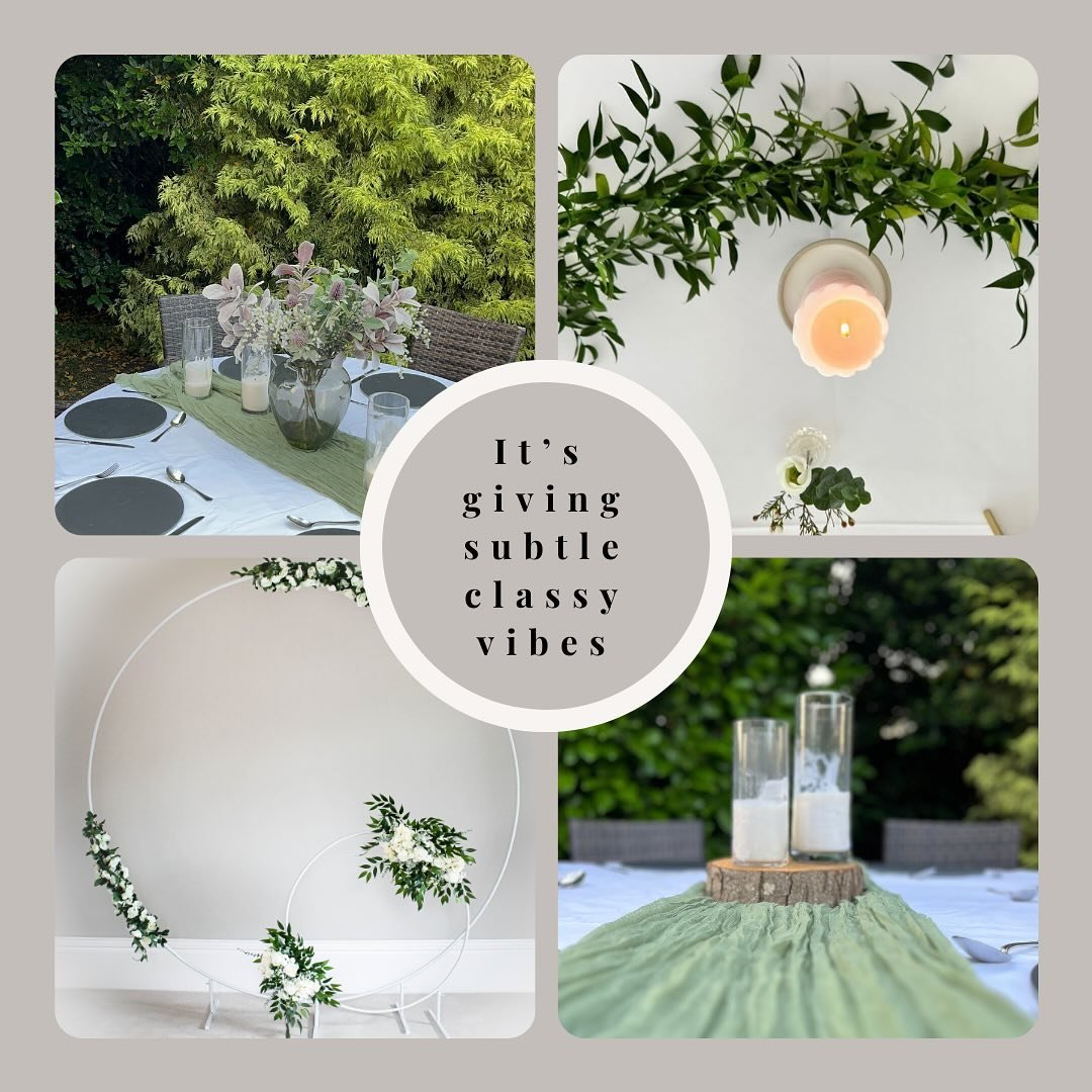 Get in touch with your colour themes and decor ideas, we love to chat through pieces we have to add to your vision ✨

-:Featuring:- 

&bull; black slate centre pieces/ place mats 
&bull; glass cylinder vases 
&bull; sage green table runner/frame deco