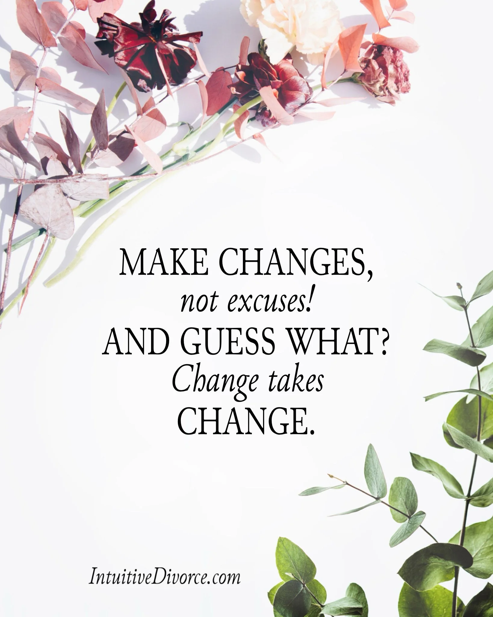 Quote card from divorce coach Kristen Noel with the message: Make changes, not excuses! And guess what? Change takes change.
