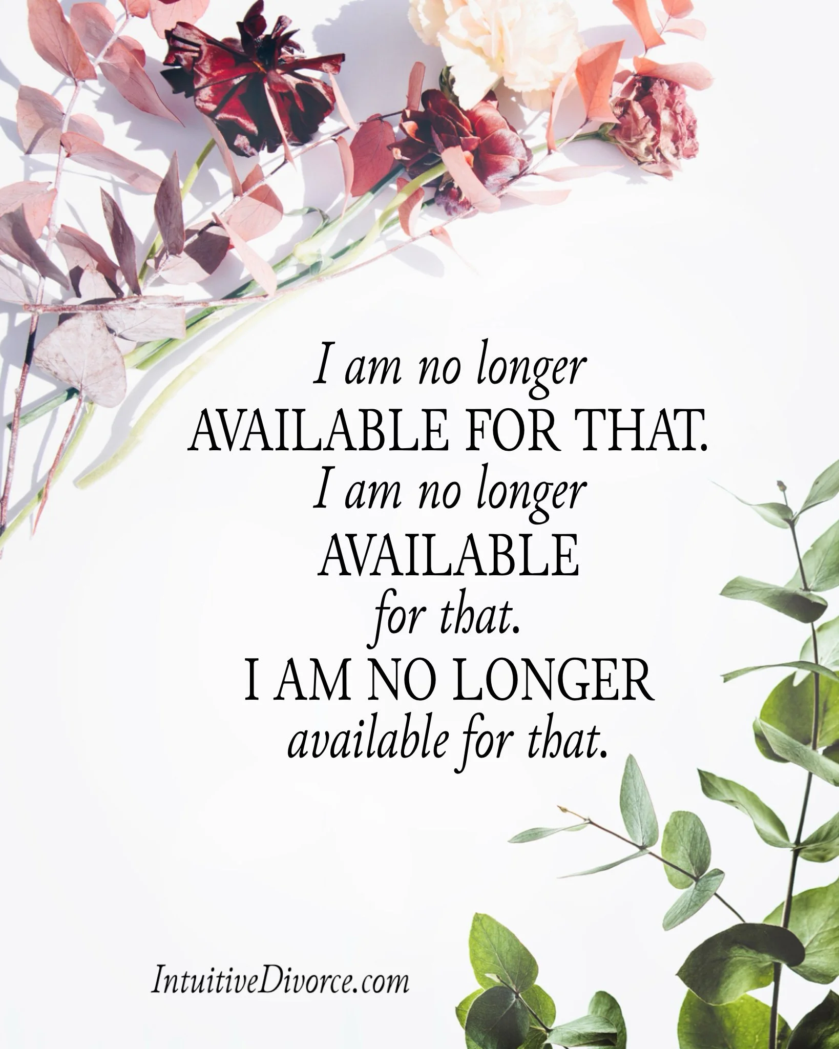 Quote card from divorce coach Kristen Noel with the message: I am no longer available for that. Repeat.