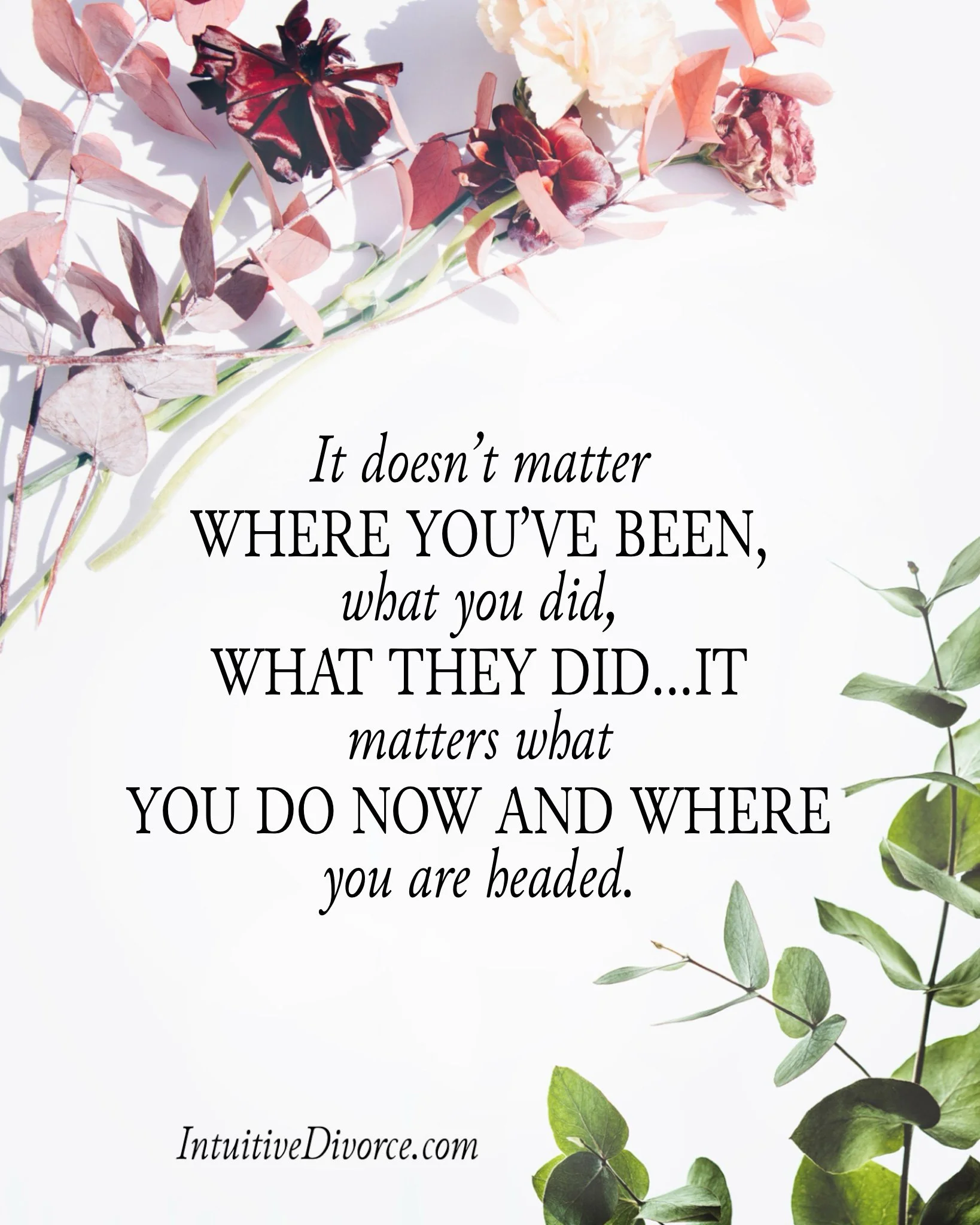 Quote card from divorce coach Kristen Noel with the message: It doesn't matter where you've been, what you did...it matters what you do now anad where you are headed.