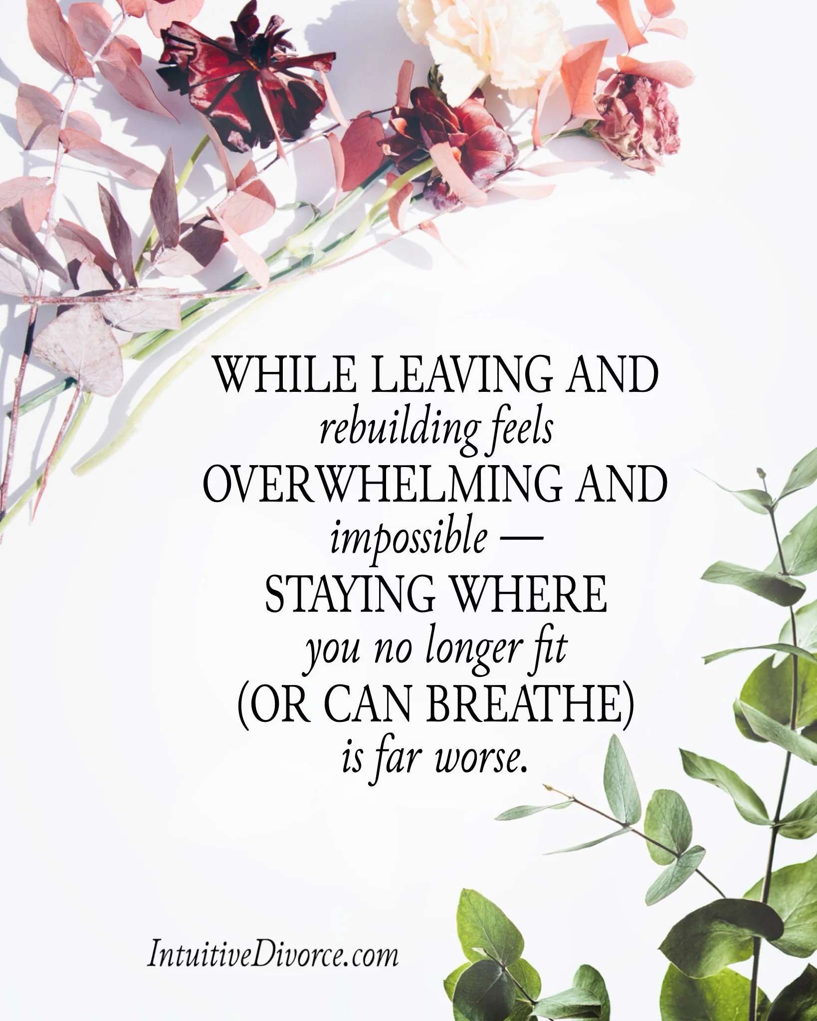 Quote card from divorce coach Kristen Noel with the message: While leaving and rebuilding feels overwhelming and impossible—staying where you no longer fit (or can breath) is far wors.