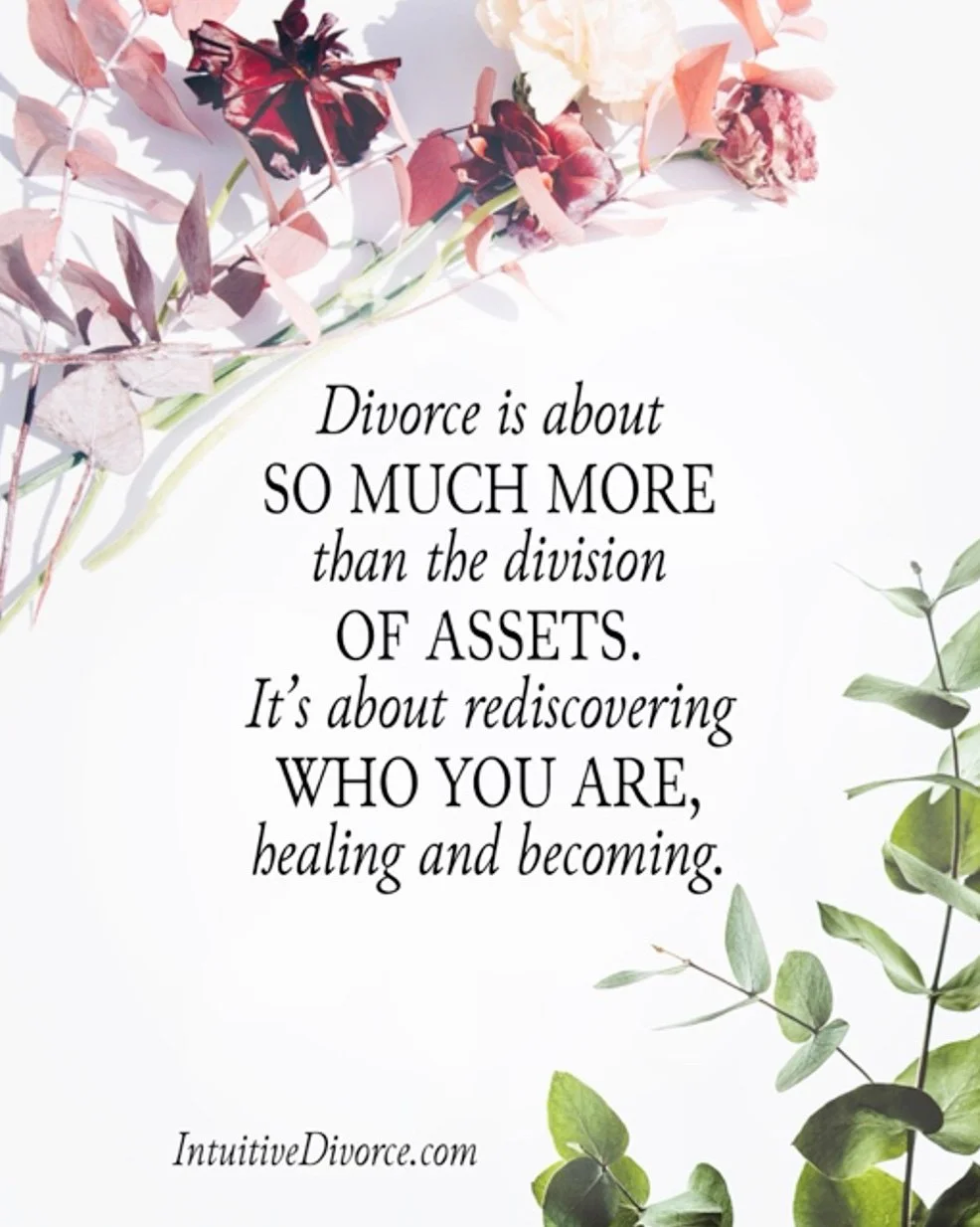 Quote card from divorce coach Kristen Noel with the message: Divorce is about so much more than the division of assets. It's about rediscovering who you are, healing and becoming.