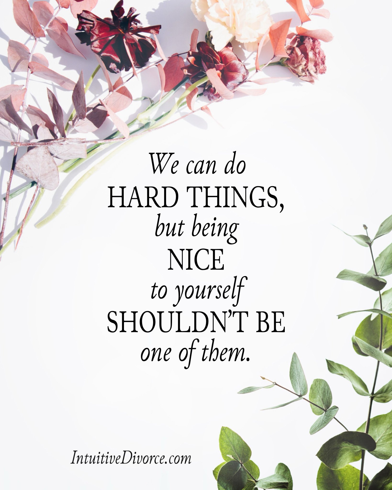 Quote card from divorce coach Kristen Noel with message: We can do hard things, but being nice to yourself shouldn't be one of them.