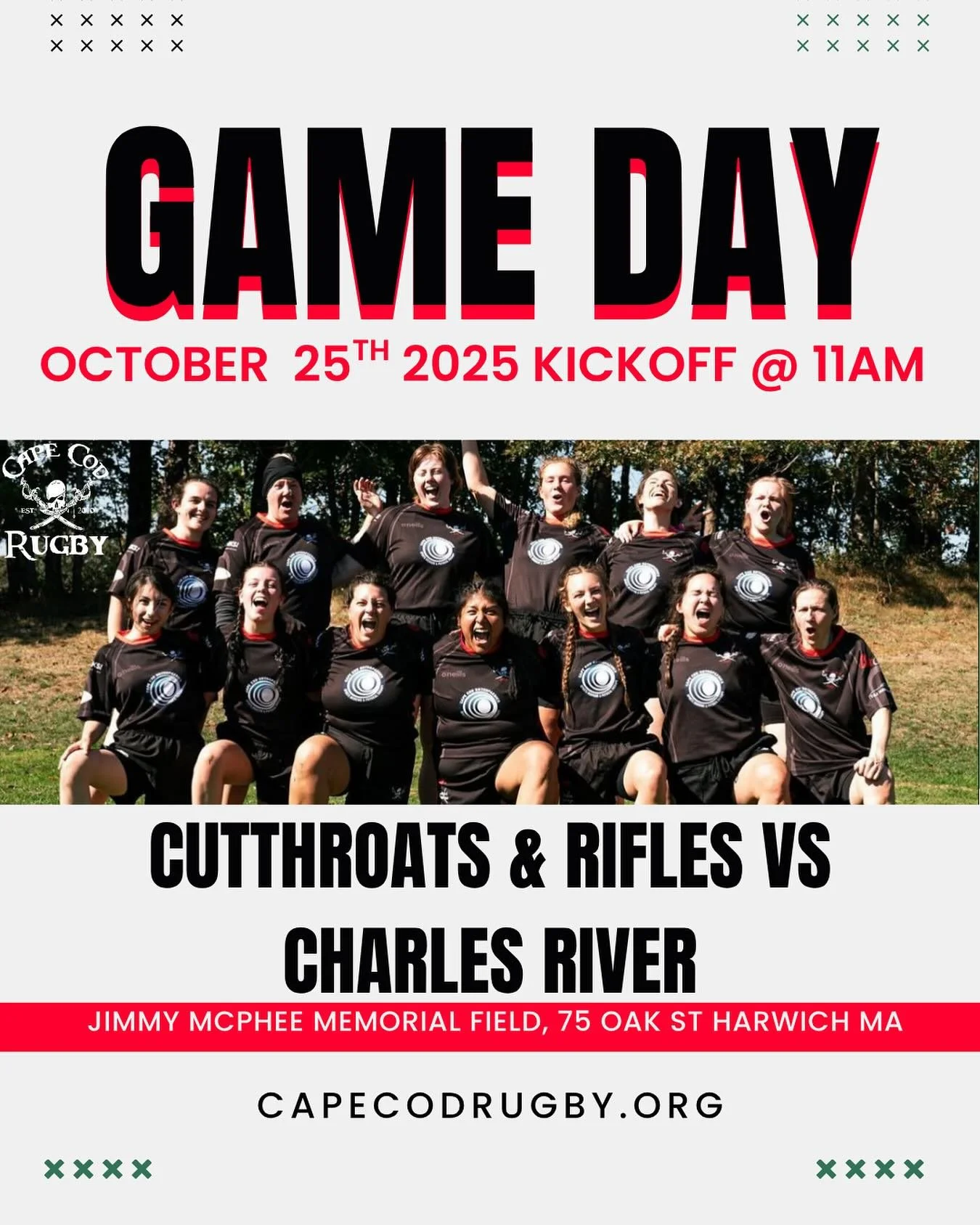 SATURDAYS A RUGBY DAY

Saturday October 25th Cape Cod Women&rsquo;s Rugby will team up with The Springfield Rifles to play 15s against Charles River! Come support the Cutthroats on our home field🏉🏴&zwj;☠️

We are so excited for this match, thank yo