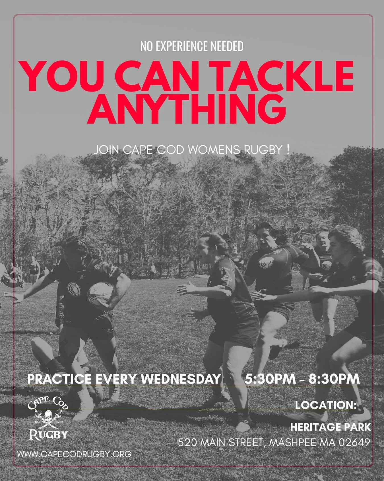 Thinking about giving rugby a try? Join Cape Cod Women&rsquo;s Rugby ! We are always looking for more members of our team, no experience needed ! Join us for practices every Wednesday 5:30PM-8:30PM at Heritage Park in Mashpee MA. 

Feel free to reach