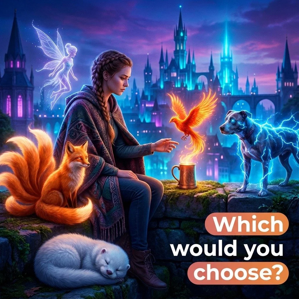 There is always a choice. 
Phoenix for warmth, Kitsune for nine chances, Storm Hound for wild energy.
Dream Sprite for peace. Cloud Otter for knowing when to rest.

If you could have one beside you: who would you claim as your familiar?

Would you ch