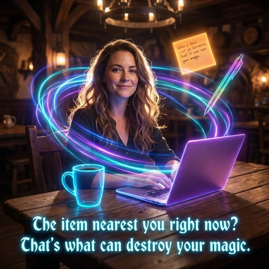 Pause. 

Notice the threshold. 

The item nearest you right now?
That's what can destroy your magic.

A coffee cup. A laptop. A pen. An orange sticky note. 
Sometimes it&rsquo;s the ordinary things: the ones you never expect: that undo power. 

Share