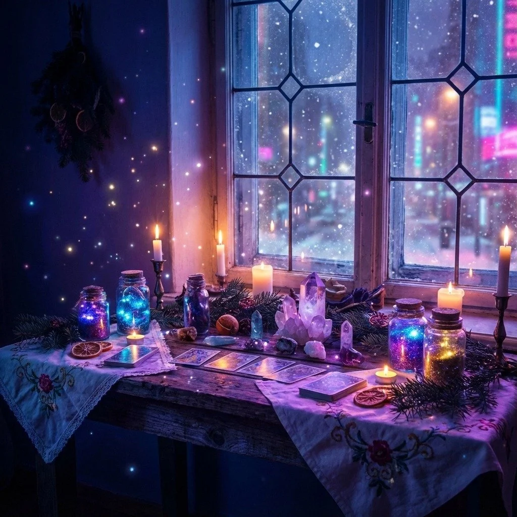 In the hush of winter dark, magic thickens. Candles flicker: amber, gold. Spells shimmer just beneath the skin of silence. Tonight, we gather pine and memory. We string solstice wishes between shadows. We hold the line between what was and what will 