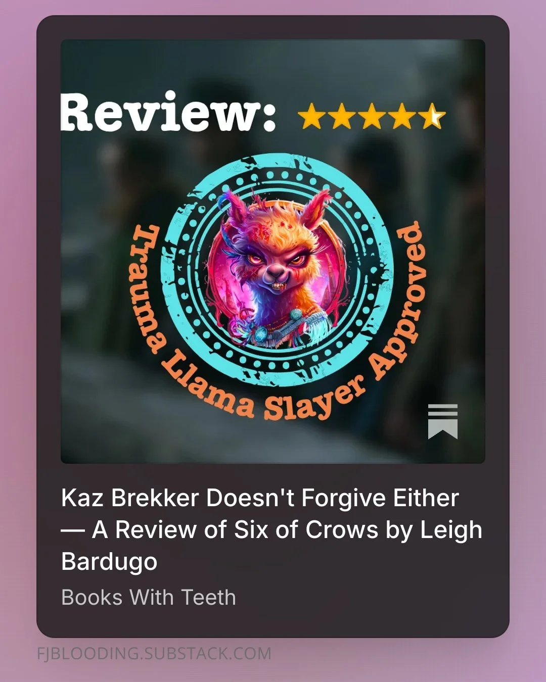 Kaz Brekker is not a good person and he's okay with that. That's why he's Trauma Llama Slayer Approved.

Six of Crows gave me six broken people who chose each other anyway &mdash; and six POV characters who actually sound like different humans. That'