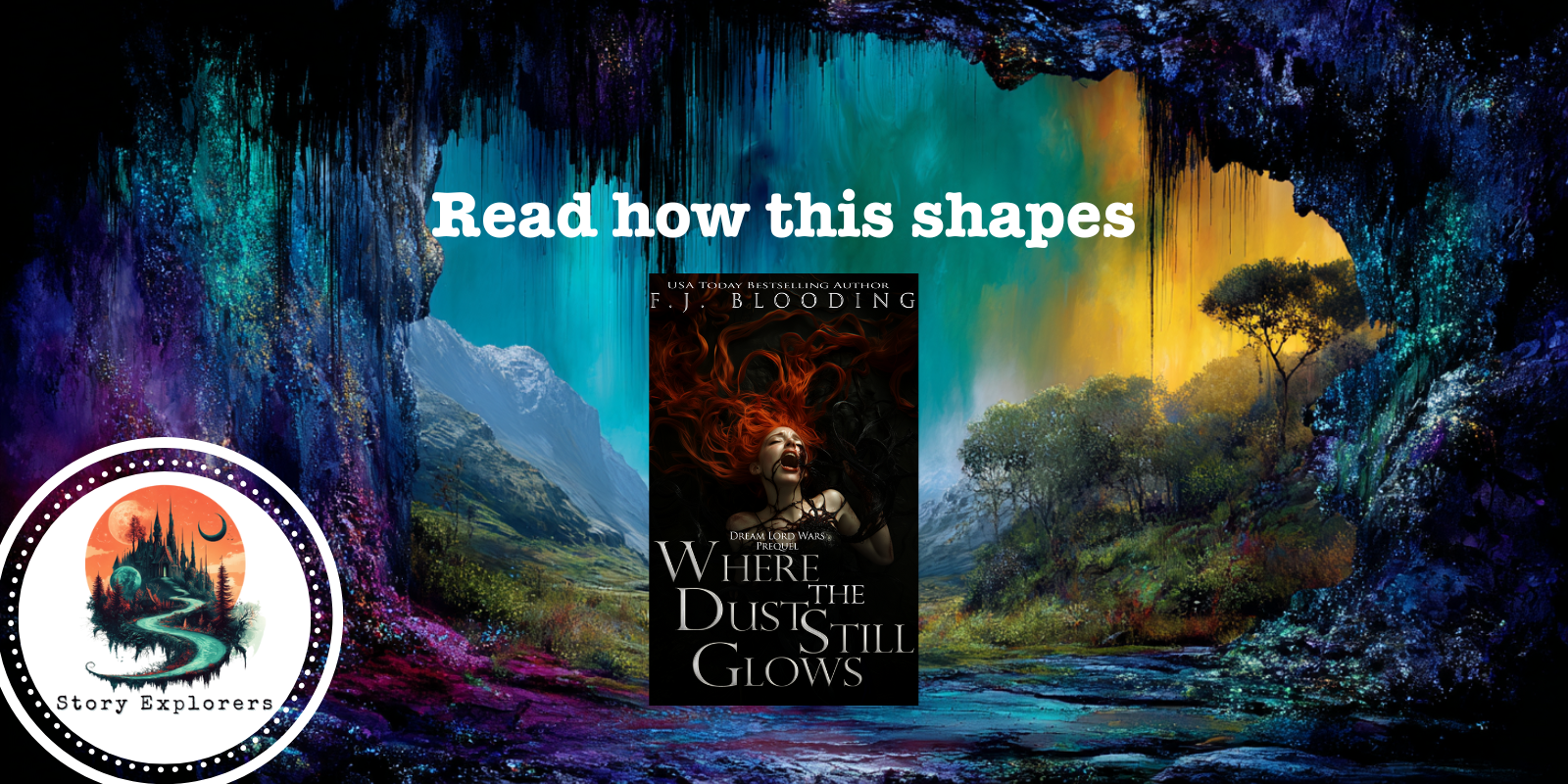 cave mouth with forest, book cover, read how this shapes where the dust still glows