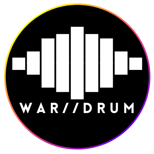 Logo with a black circle featuring white sound wave bars and the text 'WAR//DRUM' below.