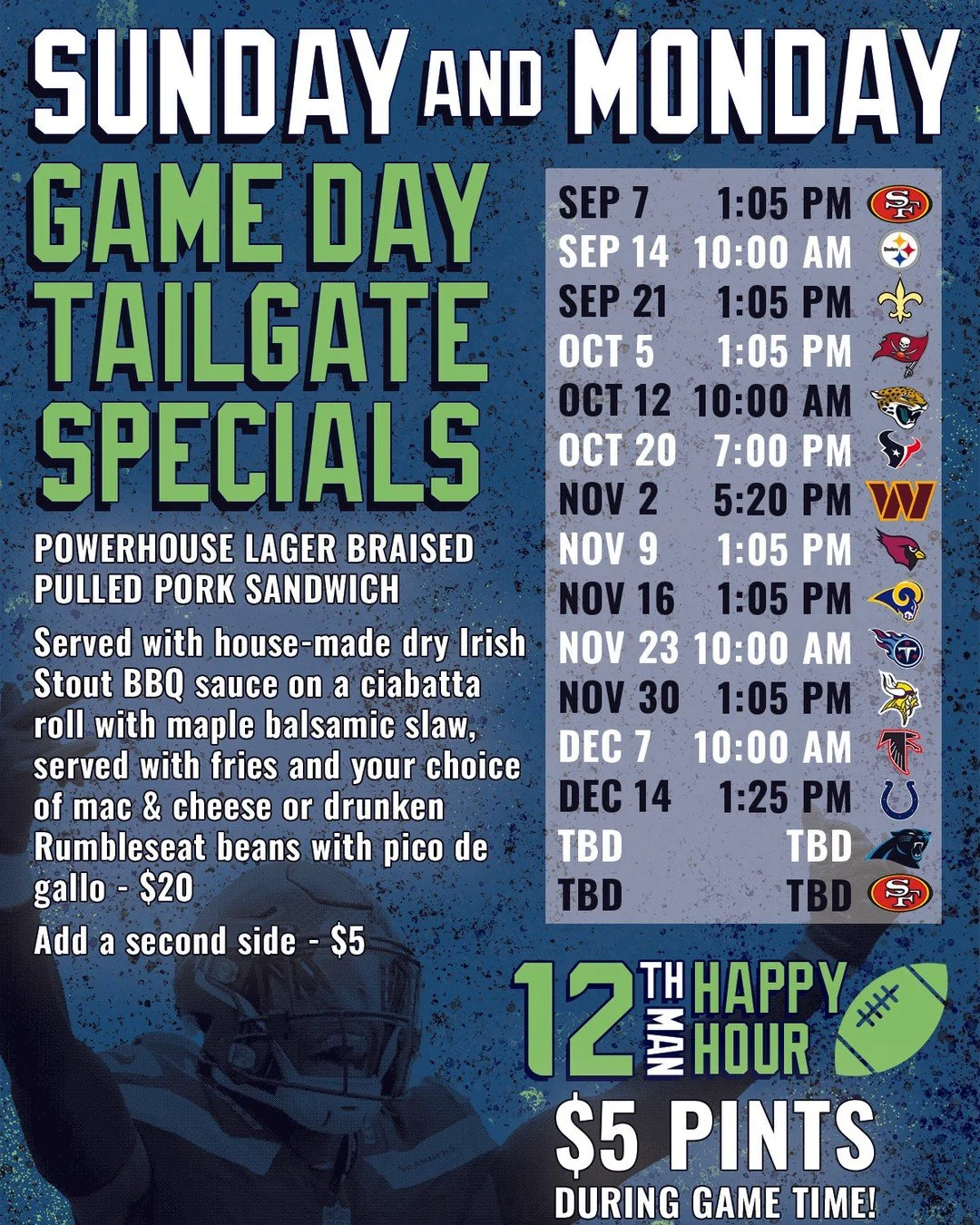 Looking forward to football season! 🏈⁠
⁠
Grab our Tailgate Special on Sunday and Monday game days: Powerhouse Lager Braised Pulled Pork Sandwich served with house-made dry Irish Stout BBQ sauce on a ciabatta roll, maple balsamic slaw, fries, and you