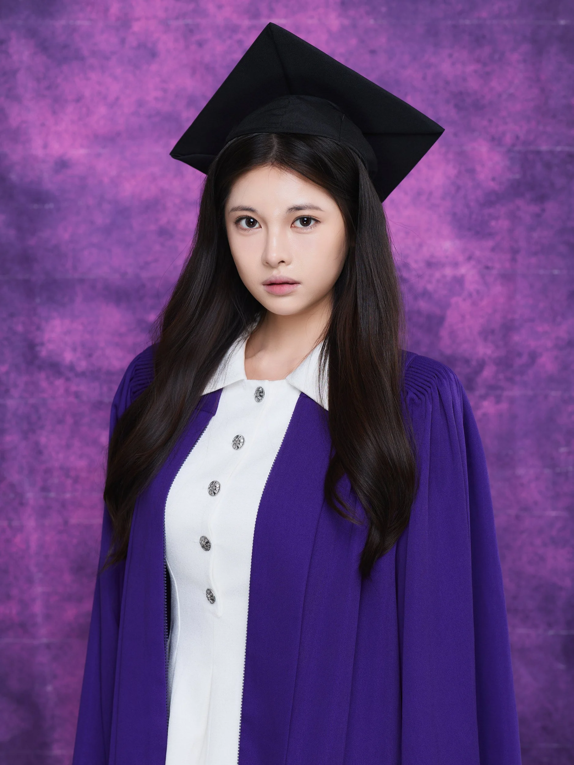 NYU graduation portrait of a woman in a purple gown and cap