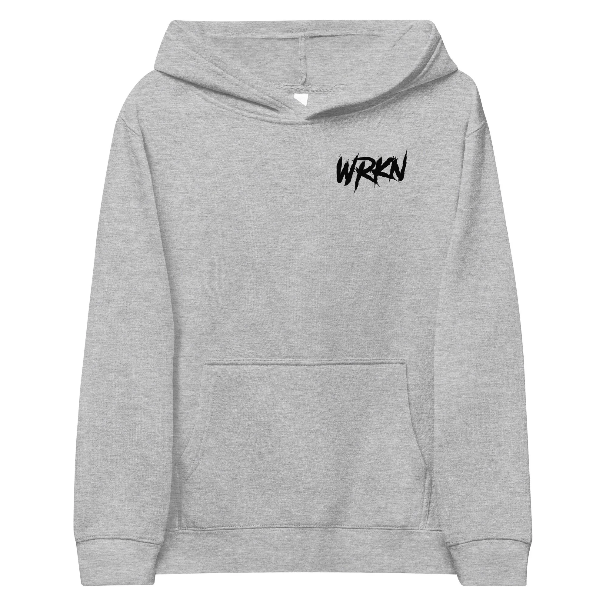 WRKN Kids Fleece Pullover Hoodie - black logo - left chest - DTG
