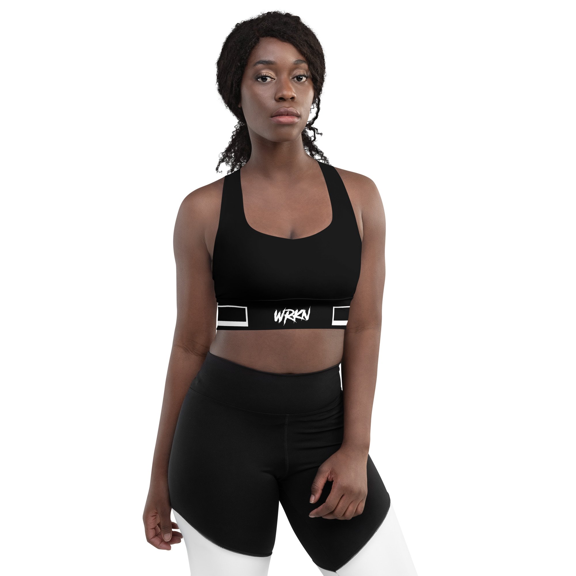 WRKN LL4 Sports Bra - white logo with strip on waist band