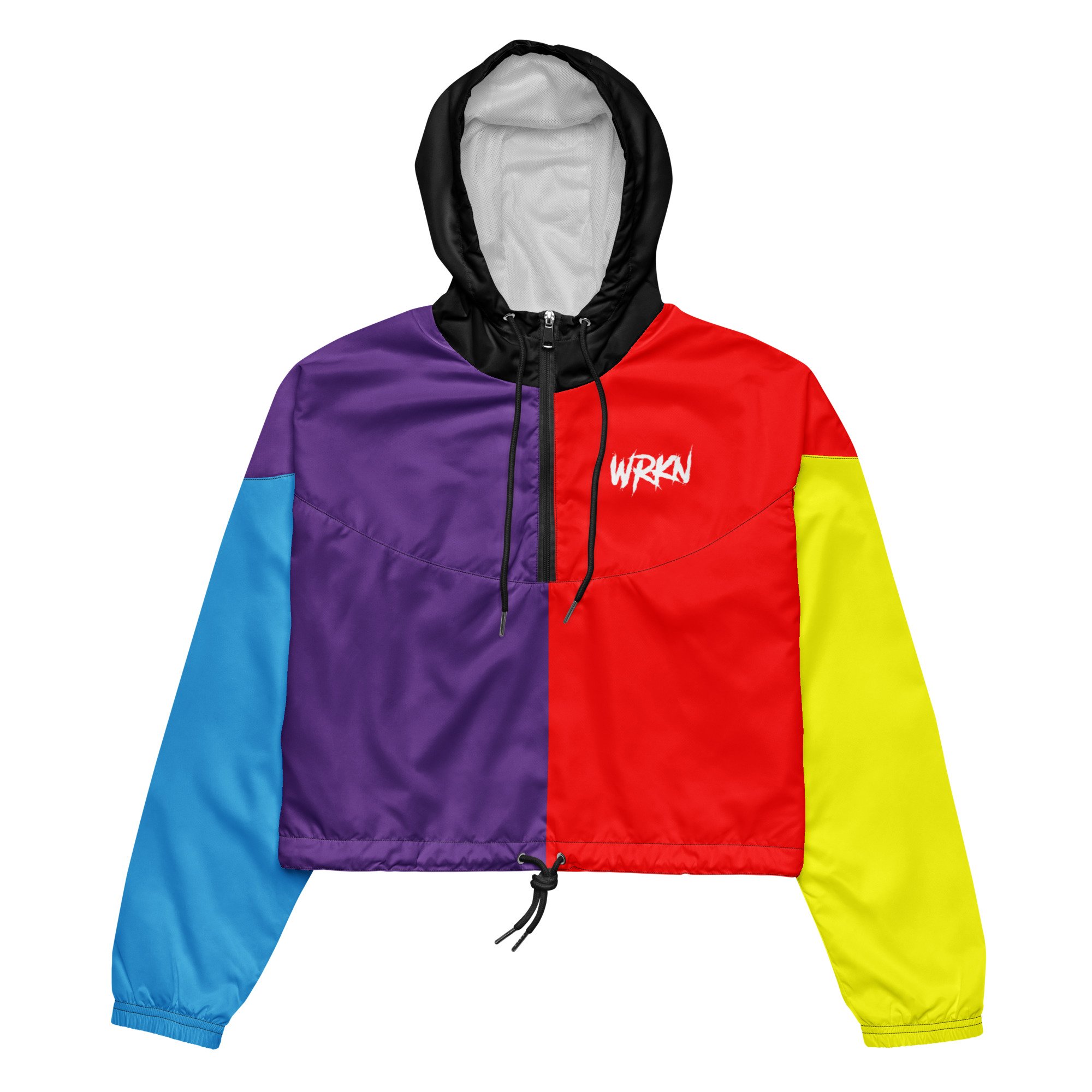 WRKN Women’s Cropped Windbreaker - multi color a.o print - white logo - left chest/back