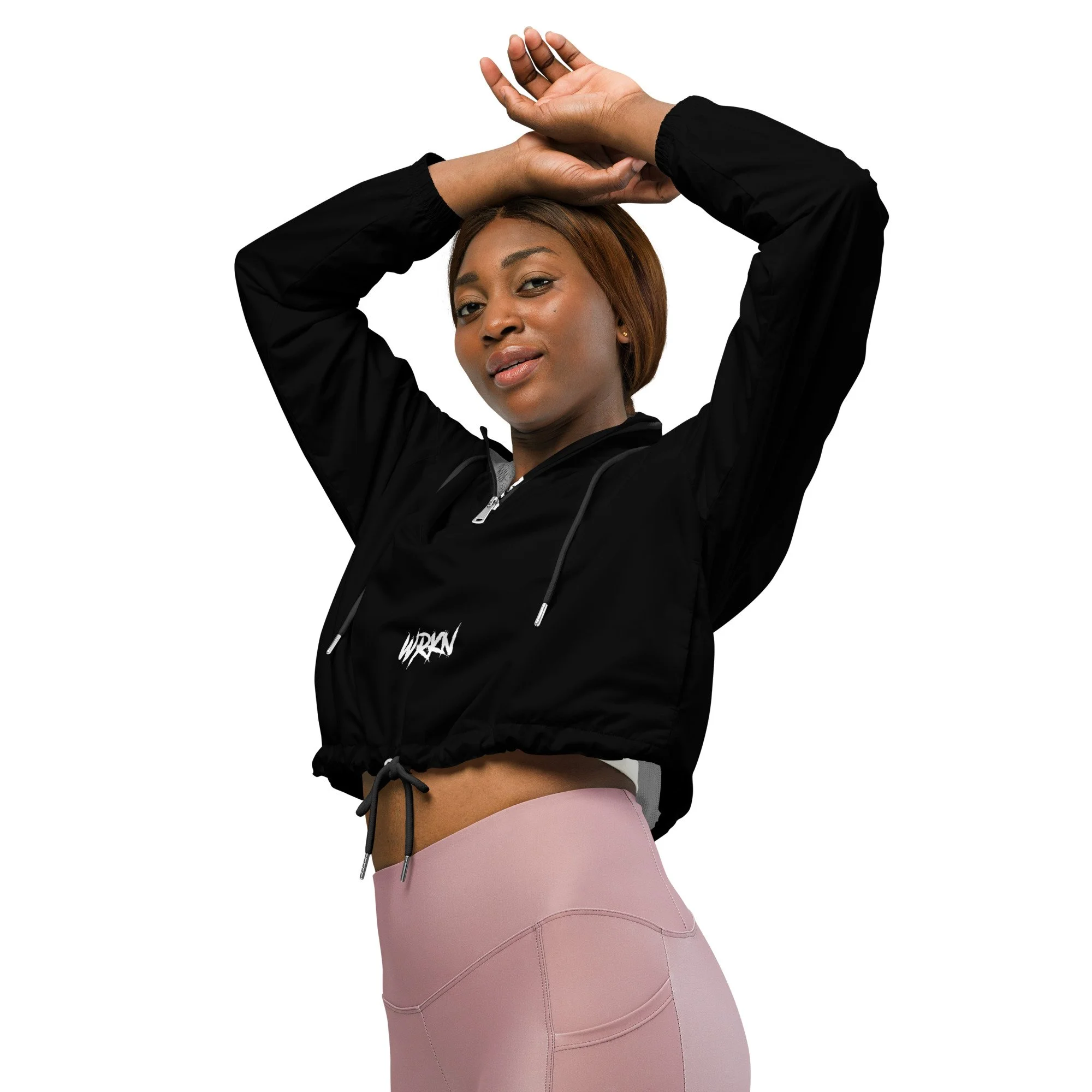 WRKN Women’s Cropped Windbreaker - black with white logo - low center