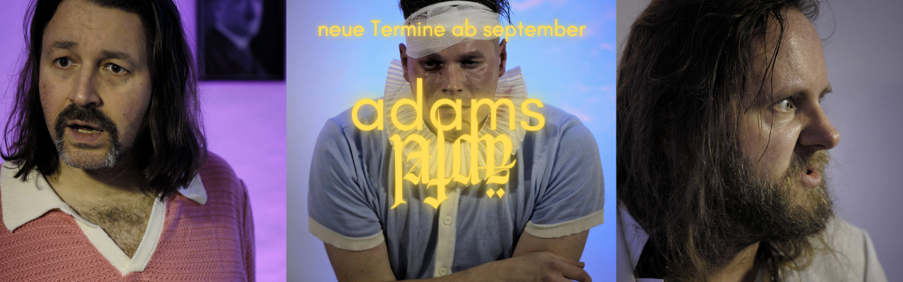 Three men with long hair and beards in a setting with colorful lighting, one in a pink sweater, one in a blue shirt with yellow text overlay, and one in a white shirt, with the middle man having the name 'adams' over his face.