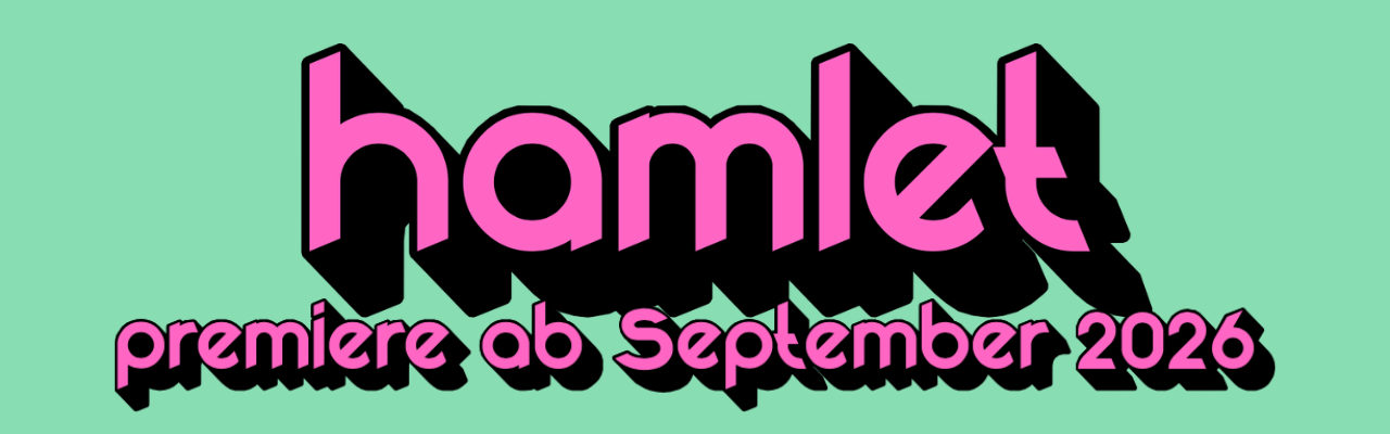 Graphic announcing the premiere of 'Hamlet' in September 2026 with pink text on a mint green background.