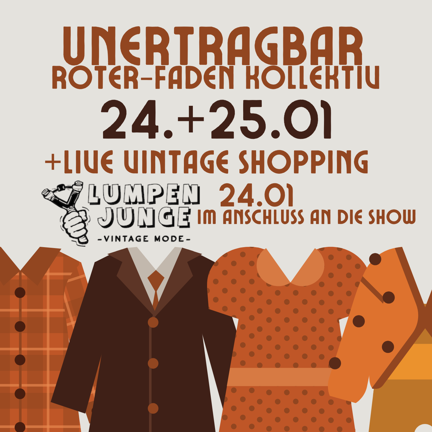 Poster advertising vintage shopping event on January 24th and 25th with illustrated vintage clothing including shirts and dresses.