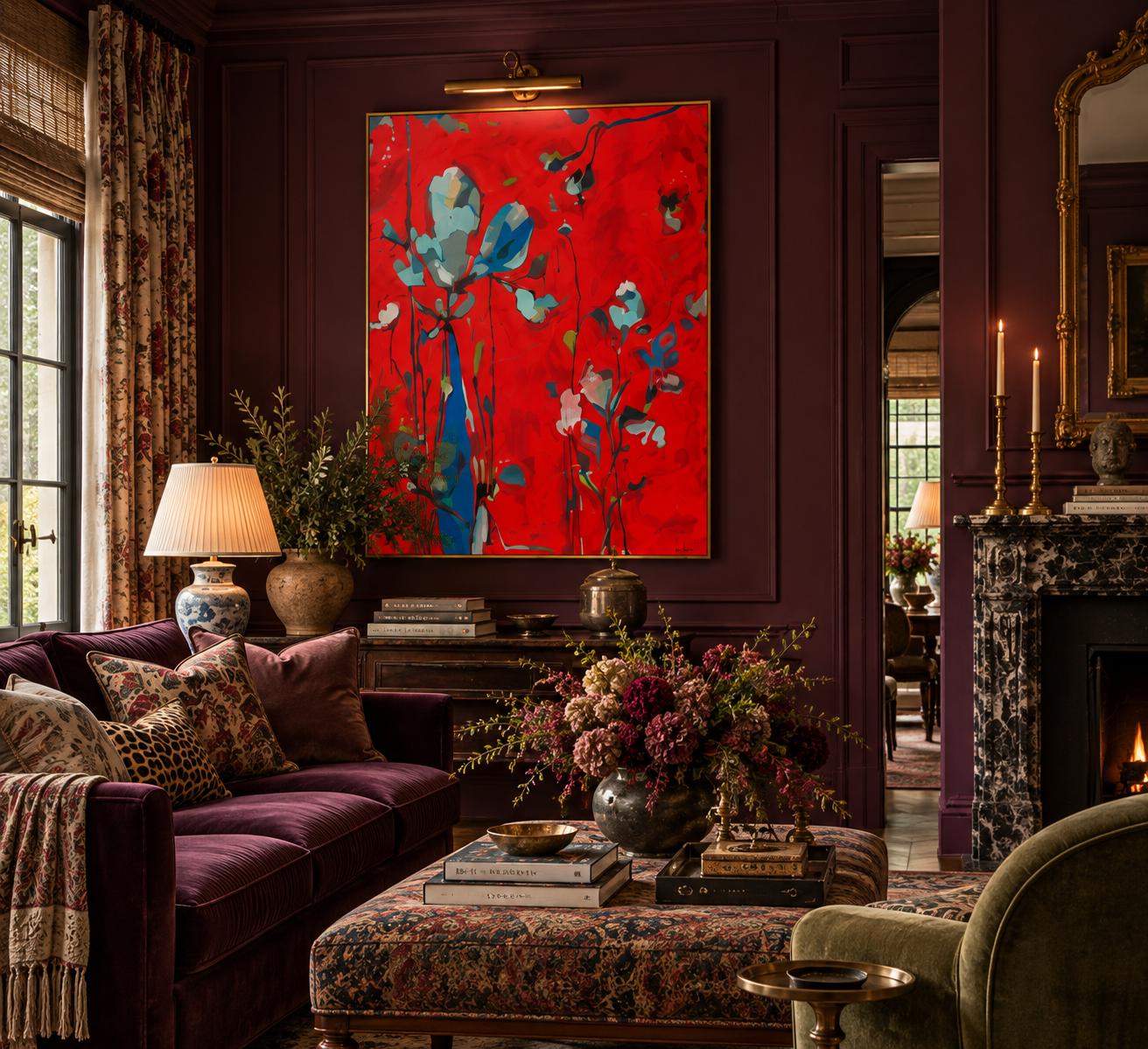 Moody Plum Living Room with Red Floral Art-2.png