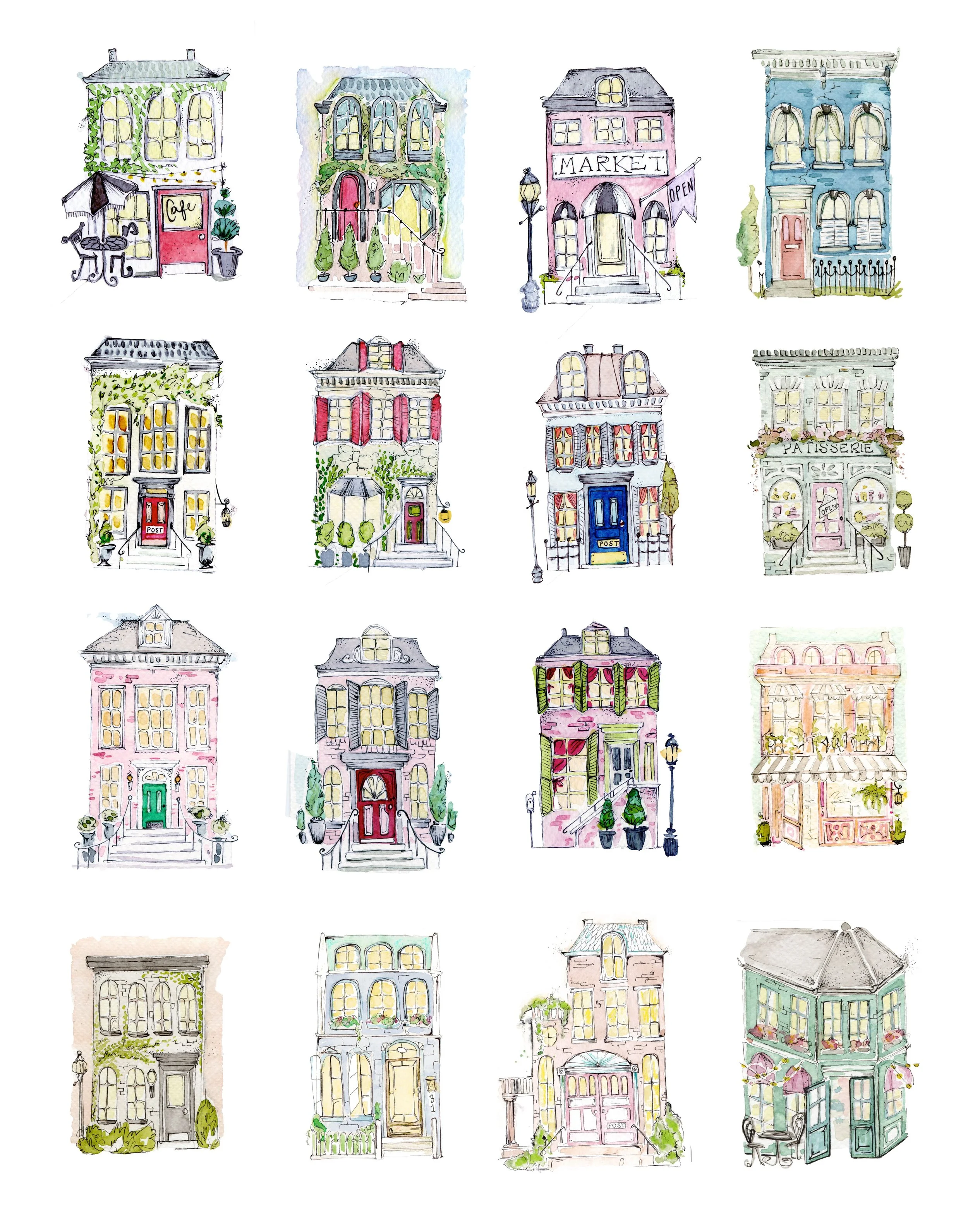 The Little Houses No. 1-16 | digital print | original illustrations sold