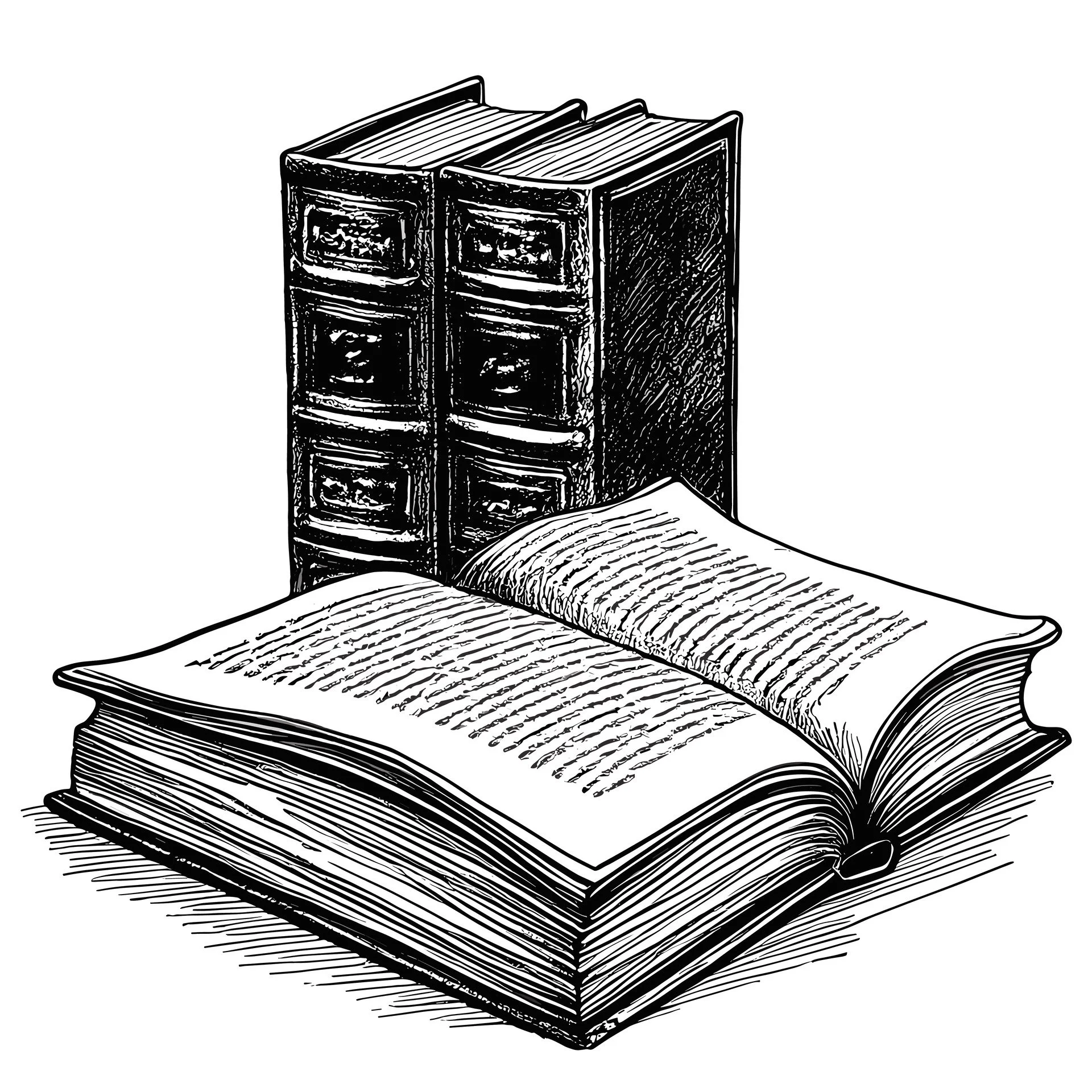 Black and white etching of two books stacked and one book open