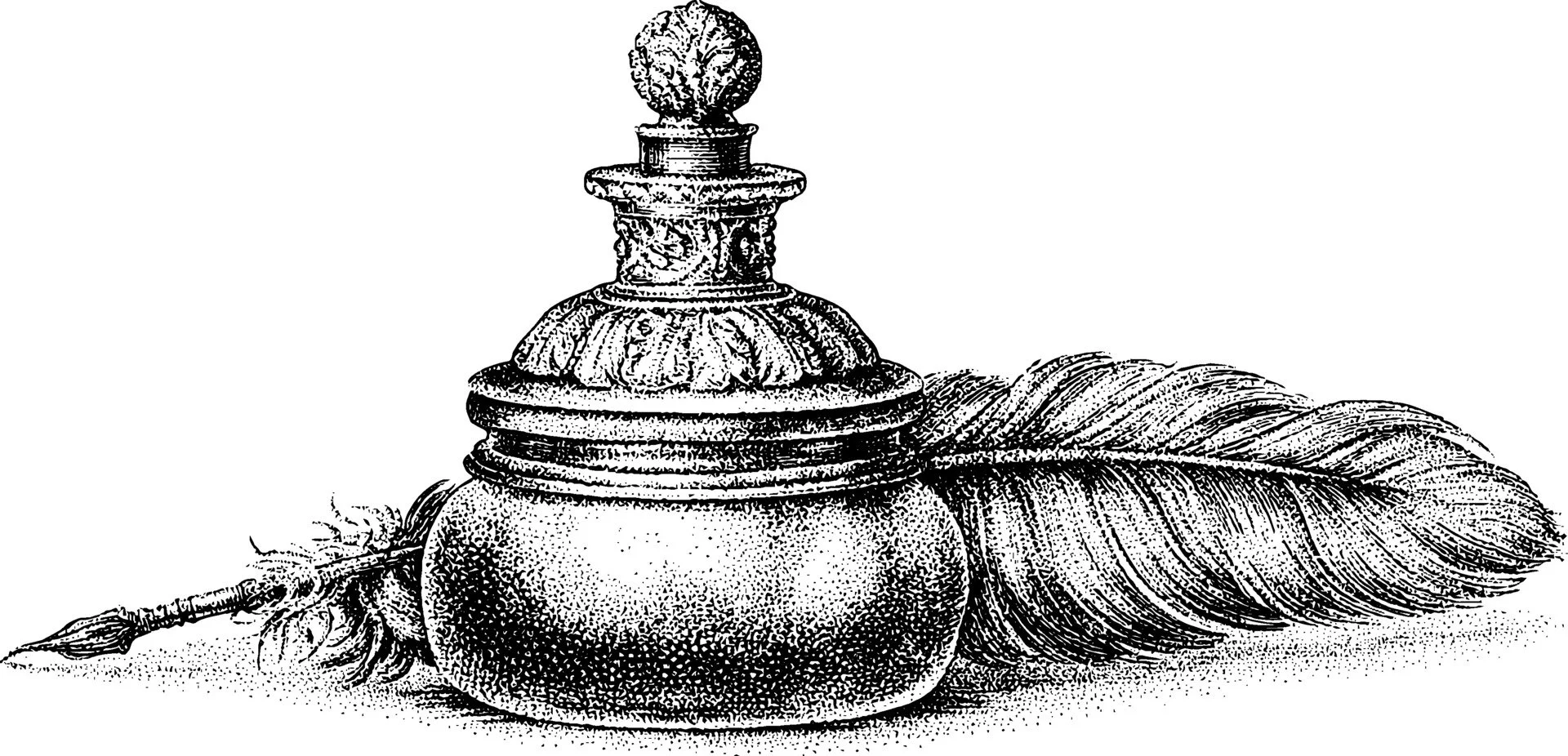 Vintage etching of a ink well and quill