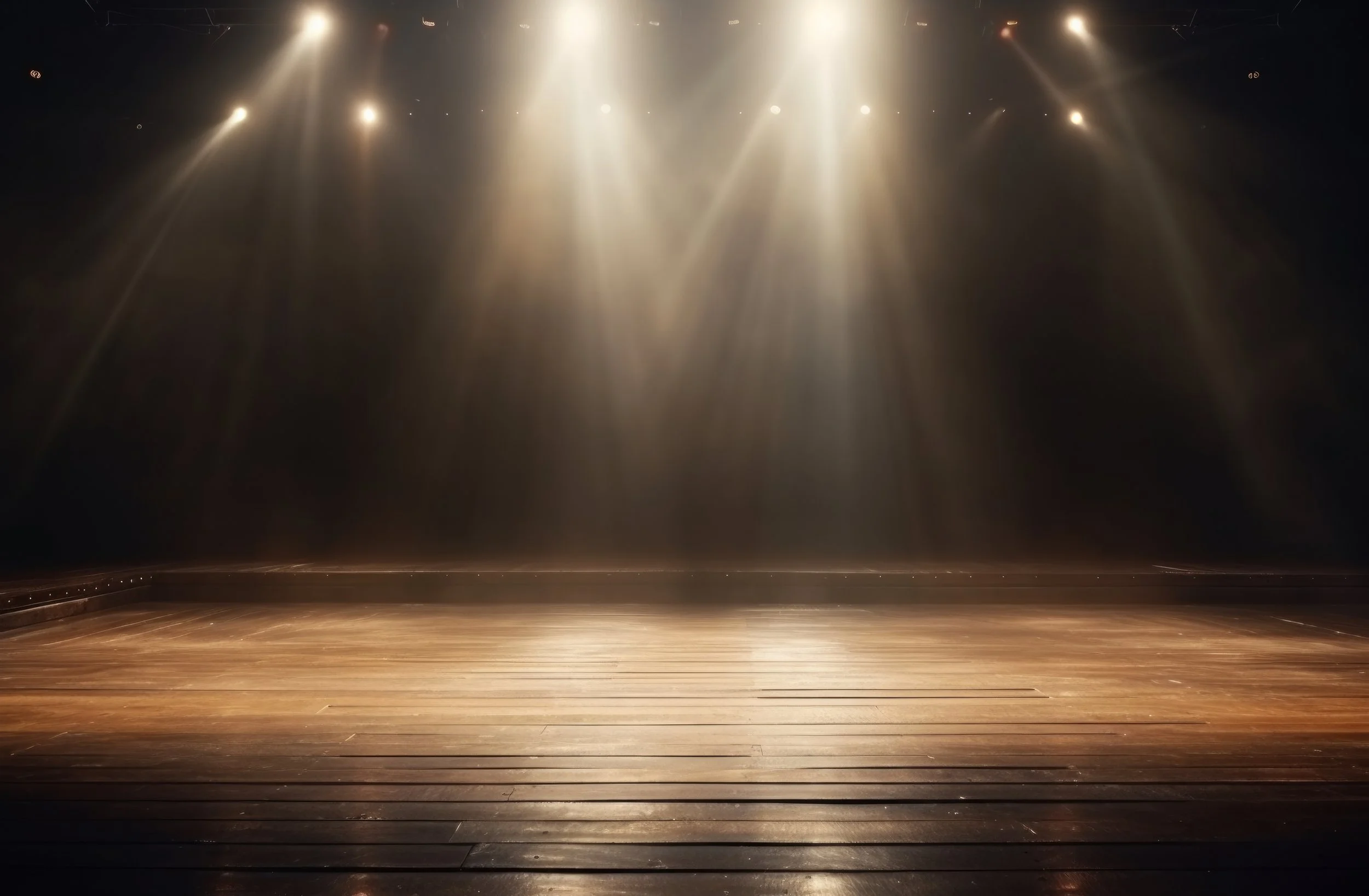 An empty stage lit with theater lights
