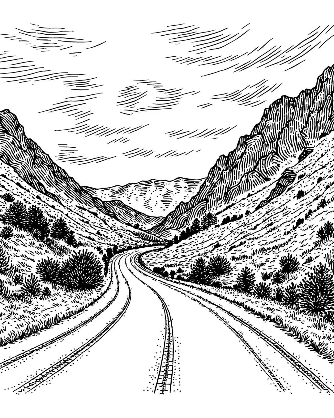 Etching of an open pathway leading into the mountains