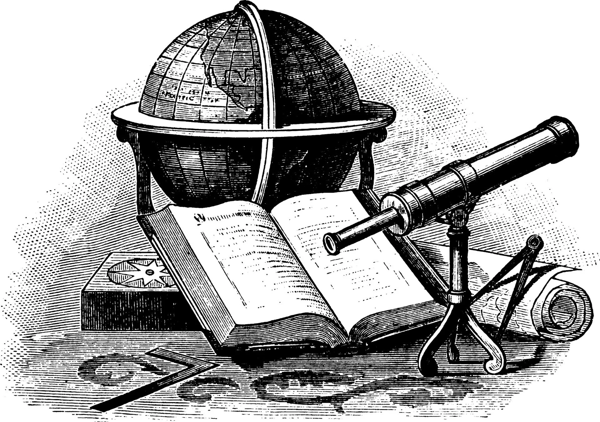 Vintage globe, books, and telescope