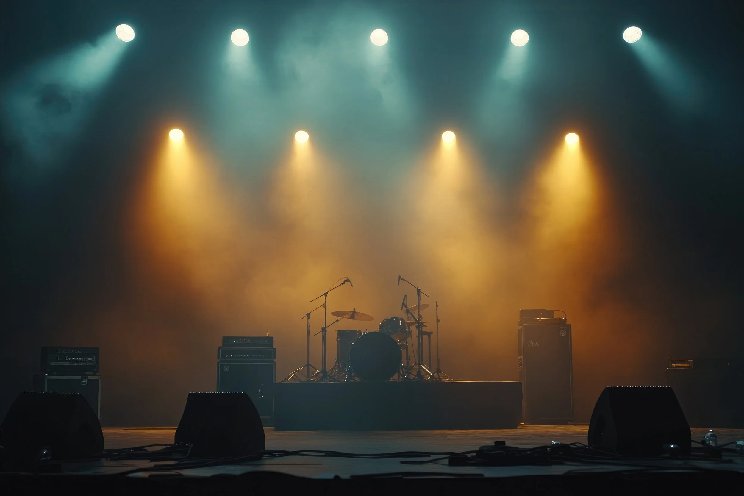 Drum set and amplifiers on an empty stage