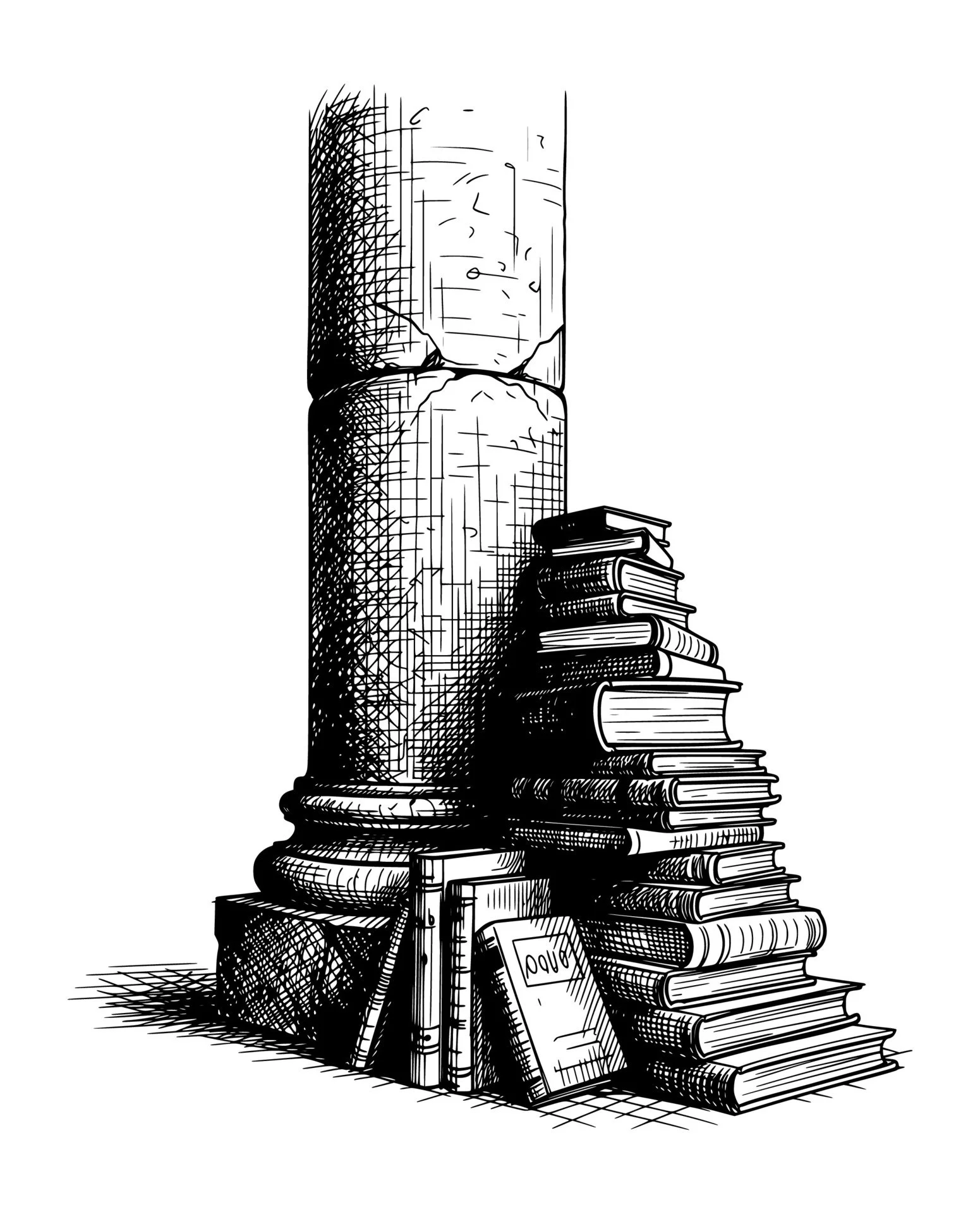 Etching of a column with books stacked next to it