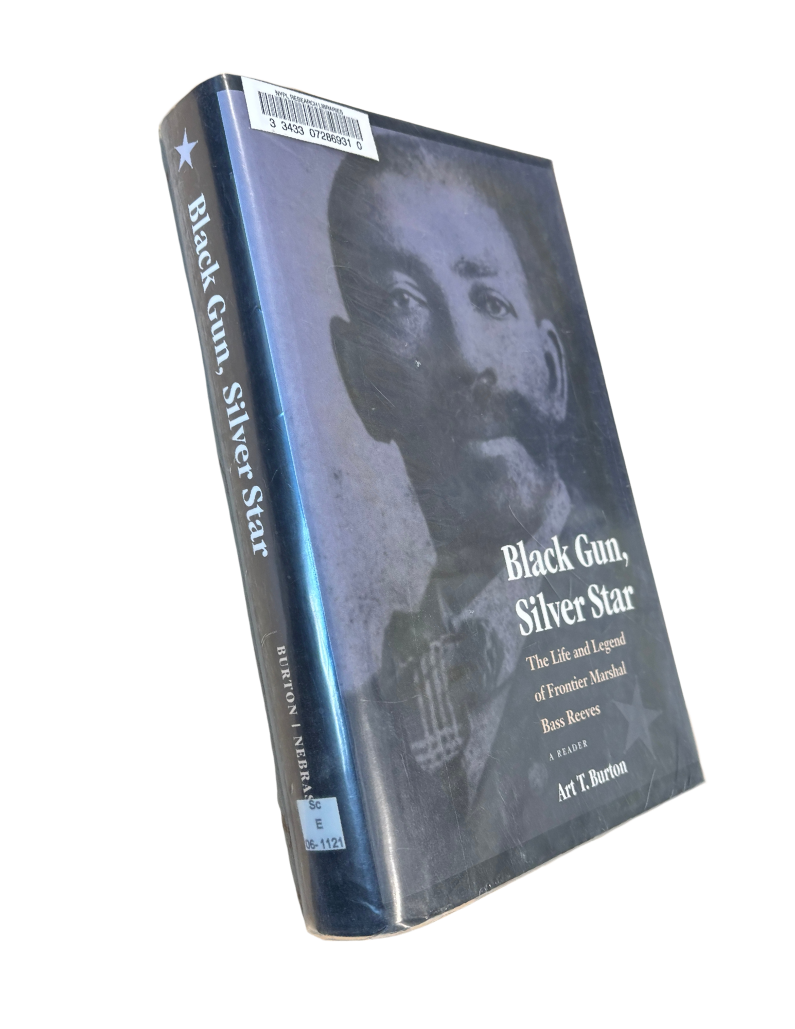 This is a .png image of the book cover for "Black Gun Silver Star" by Art. T. Burton, about the life of Bass Reeves, included in the resources for the Black West digital exhibition by the Schomburg Center for Research in Black Culture