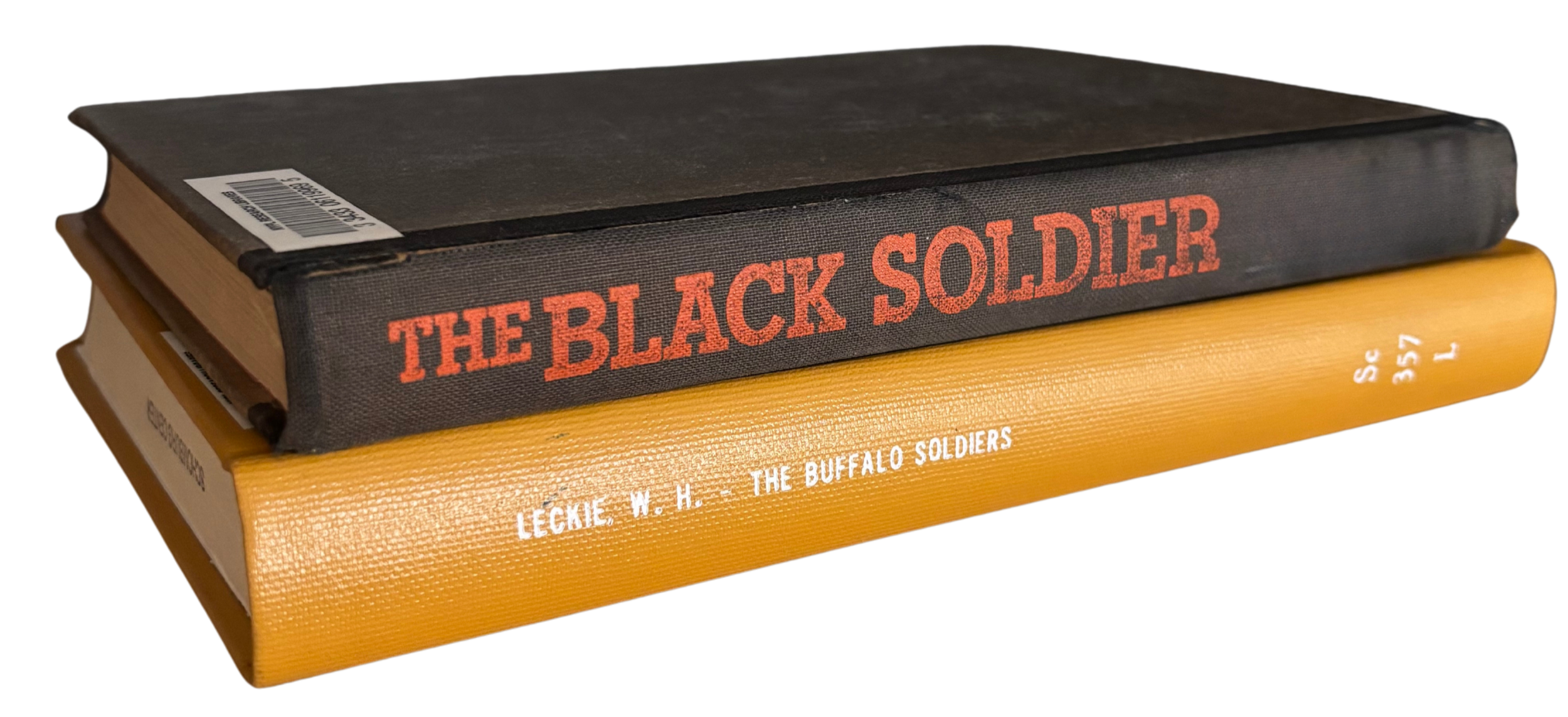 A PNG image of two stacked books (The Black Soldier and The Buffalo Soldiers) from the collections at the Schomburg Center for Research in Black Culture, NYPL