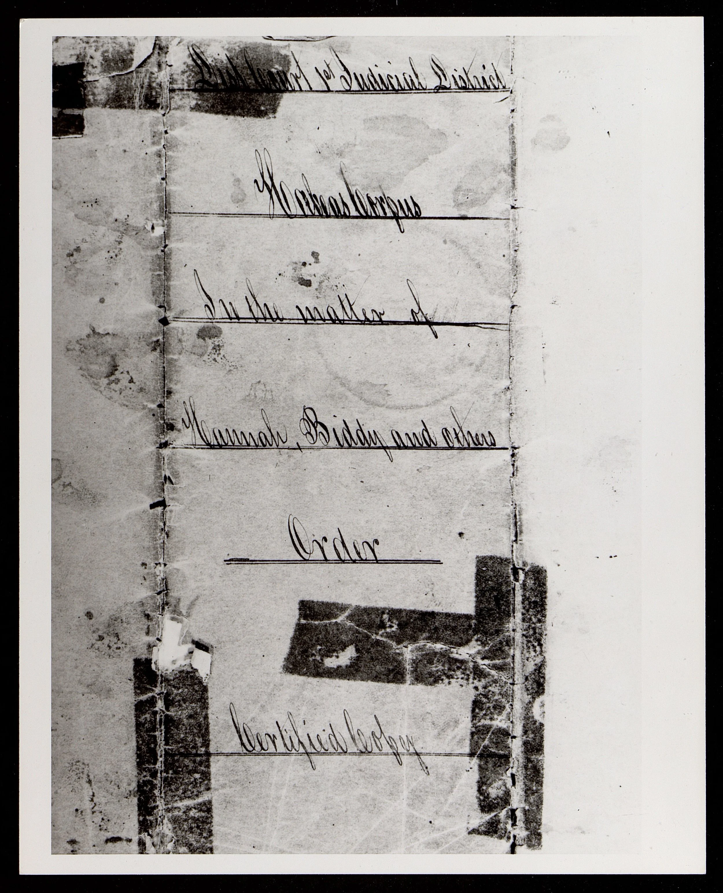 ★ 1860, Certified, eight page handwritten documentation of a court order declaring Biddy Mason's freedom from enslavement, composed by Judge Benjamin Ignatius Hayes and copied by the clerk of the District Court. Miriam Matthews Photograph Collection.