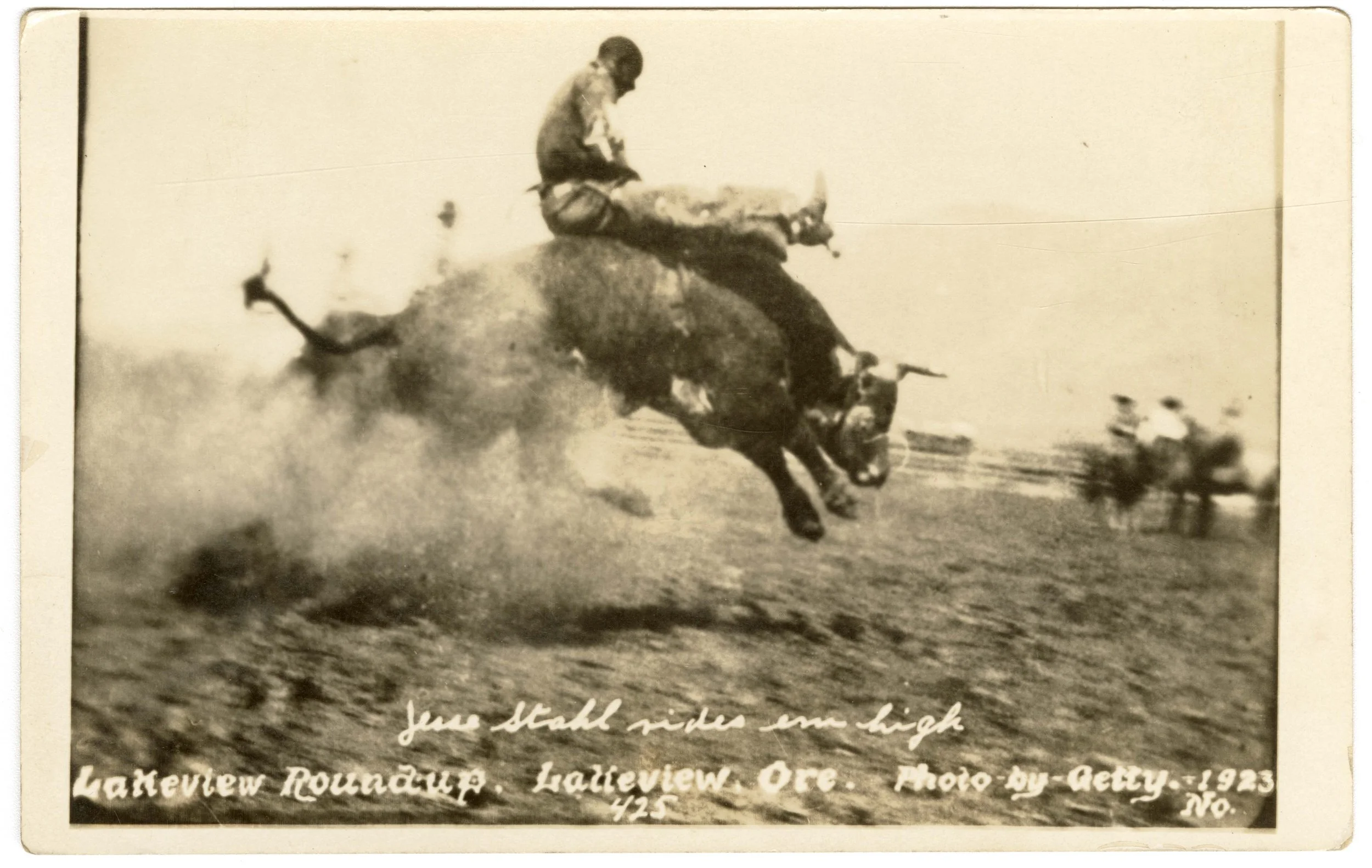 ★ 1923, Jesse Stahl riding a bull at the "Lakeview Roundup" Rodeo in Lakeview, Oregon, by Mark Getty. National Cowboy & Western Heritage Museum, Dickinson Research Center, Oklahoma City, OK, RC2008.018.3.