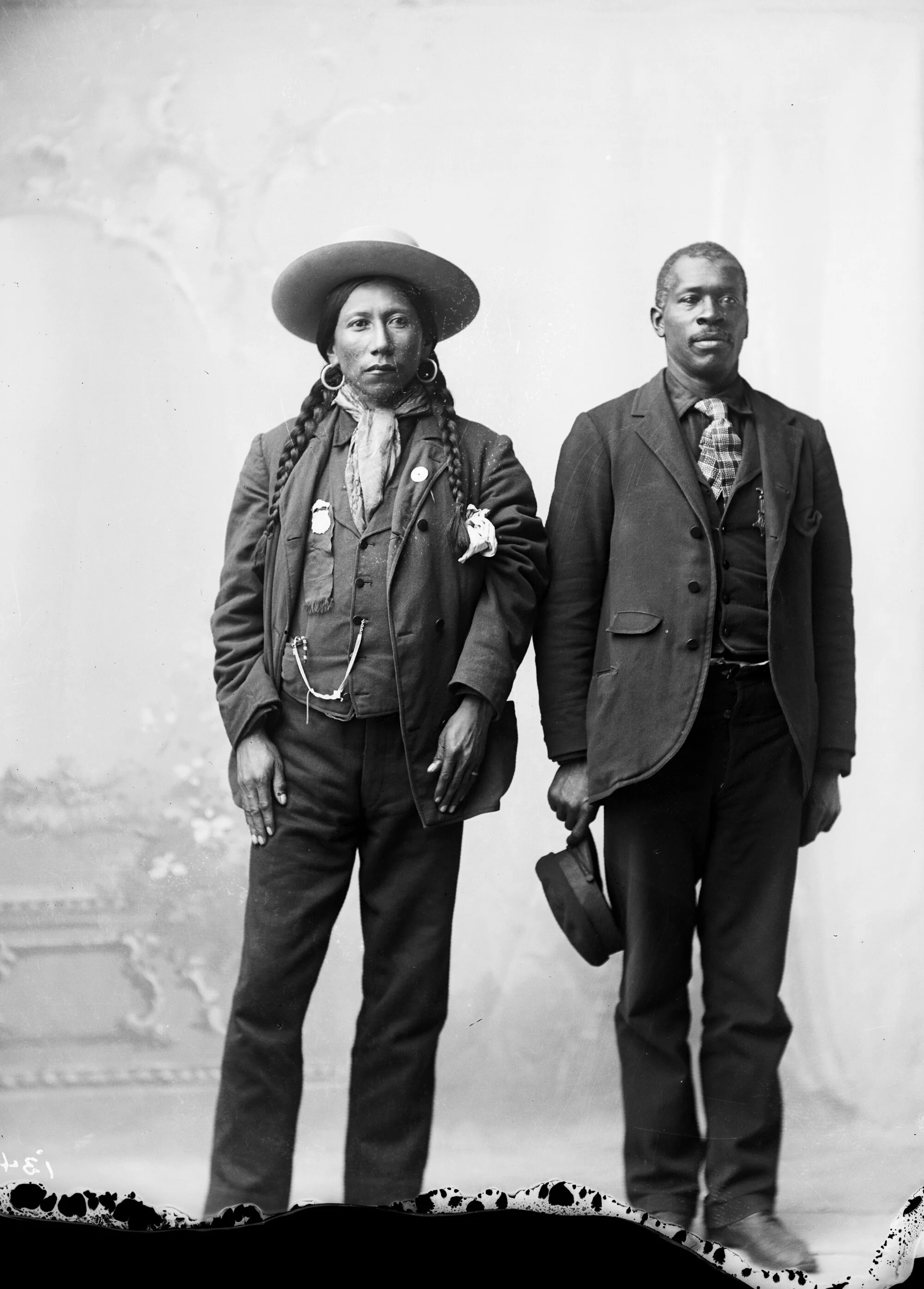 ★ c. 1880 - 1910, studio portrait of Johny Taylor (right) and Dick "Buckskin" Charley, of Ute heritage (left). ★ John Taylor was a formerly enslaved Civil War Union Army Veteran, who migrated to the West and became involved with indigenous nations as