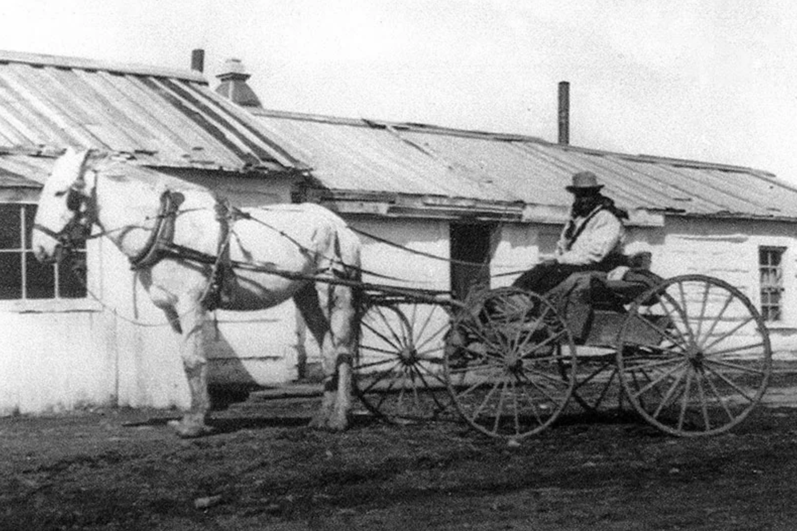 ★ c. 1880s, Mary Fields seated on wheeled wagon at the early Ursuline Mission. Ursuline Archives, Great Falls, Montana. 